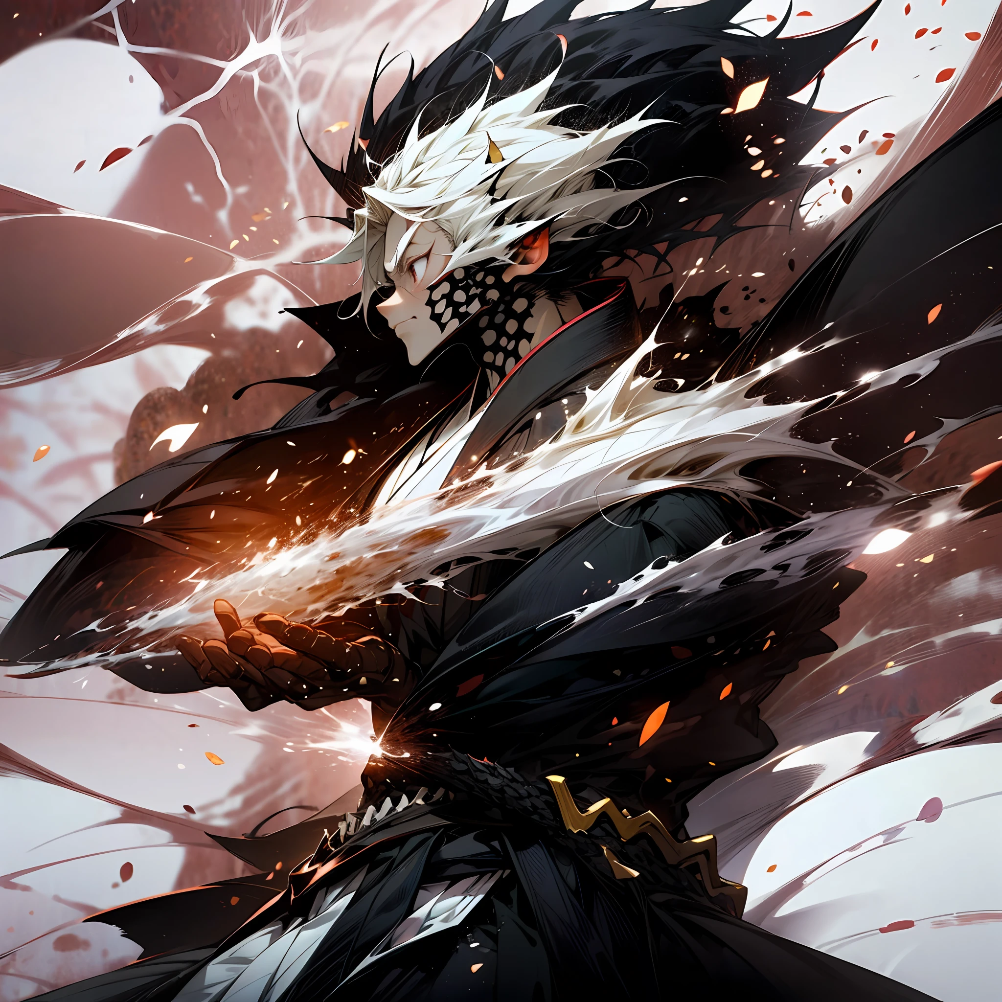 Nippon manga style, Ichigo Kurosaki, Shinigami anime, 1 man, delicate face, wearing armor, with lightning on his body, a divine dragon behind his back, perfect hands, normal fingers, zen