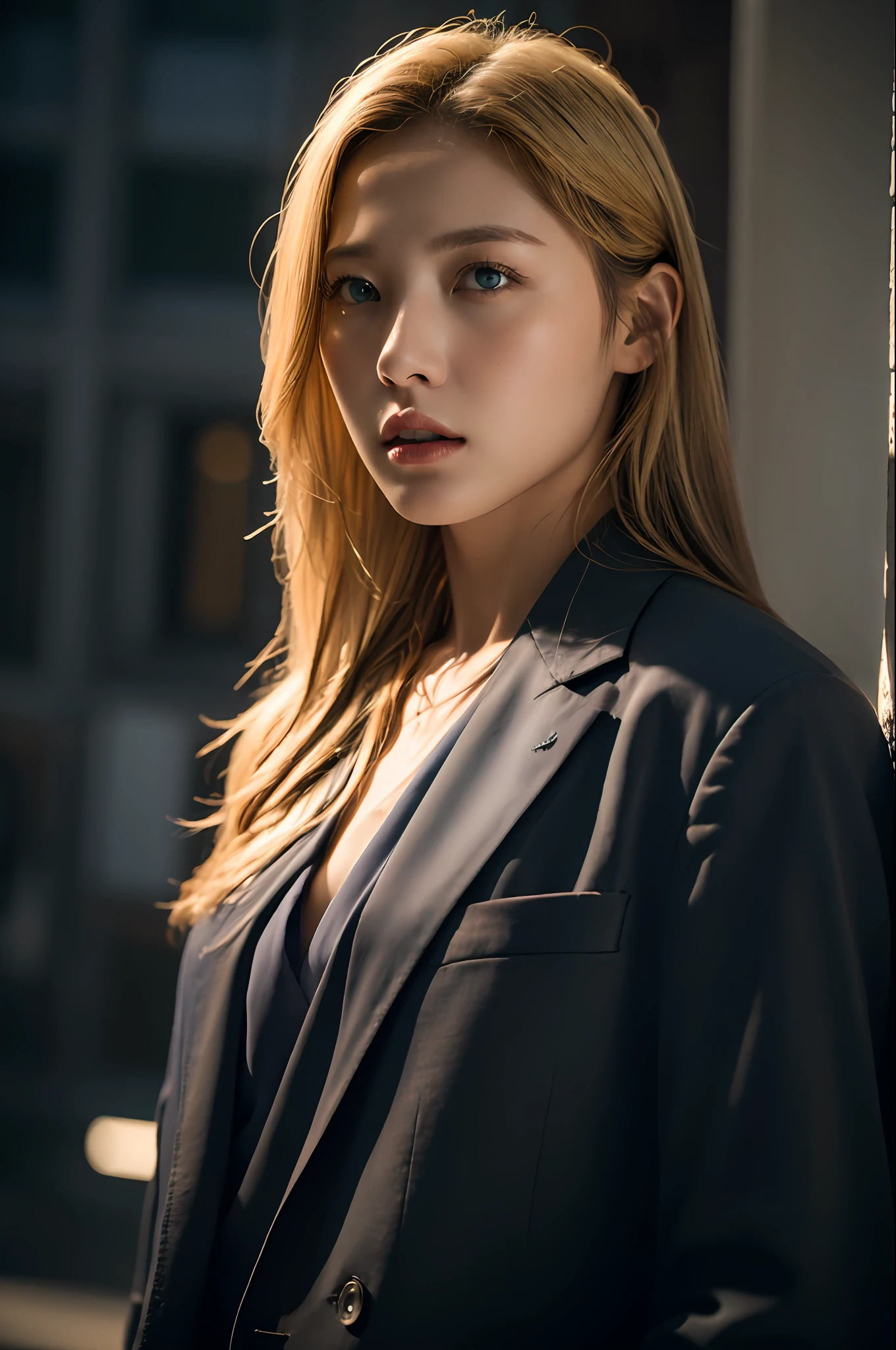 Best quality, masterpiece, ultra high res, (photorealistic:1.4), raw photo, 1girl, blonde hair, blue eyes, detailed eyes and face, black suit, dynamic lighting, in the dark, deep shadow, low key, cowboy shot full-lenght body