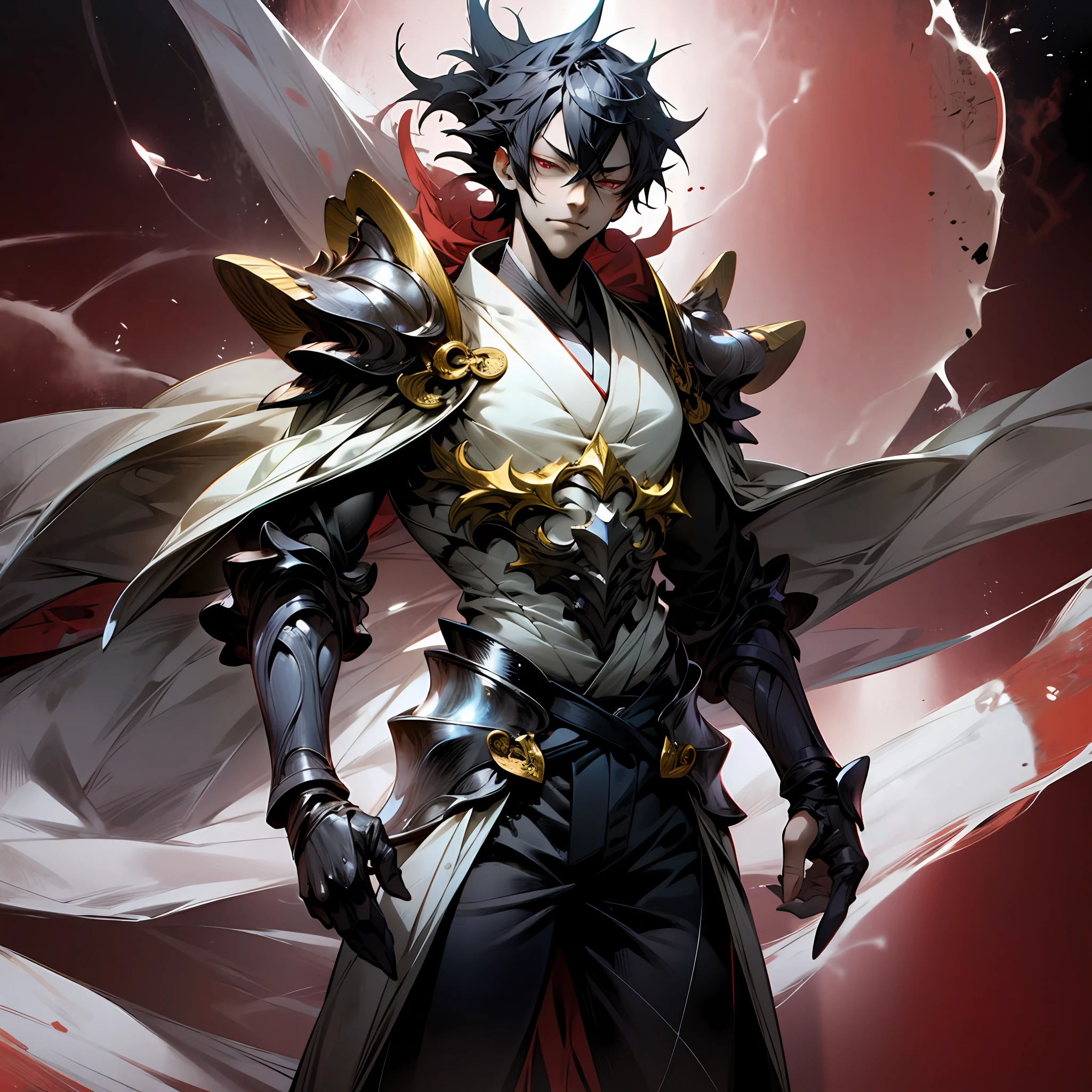 Nippon manga style, Ichigo Kurosaki, Shinigami anime, 1 man, delicate face, wearing armor, with lightning on his body, a divine dragon behind his back, perfect hands, normal fingers, zen