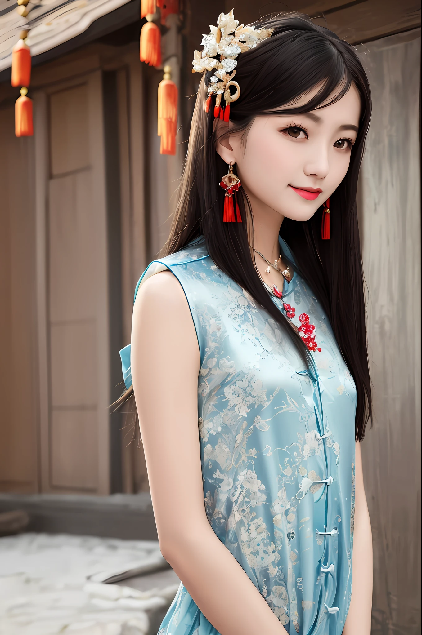 best quality, masterpiece, high resolution, 1girl, chinese dress, beautiful face, hair accessory, solo, looking at viewer, smile, shut up, lips, dress, hair accessory, necklace, jewelry, long hair, earrings, Chinese clothing, architecture, East Asian architecture, small chest, (both arms: 1.2), upper body, shut up,