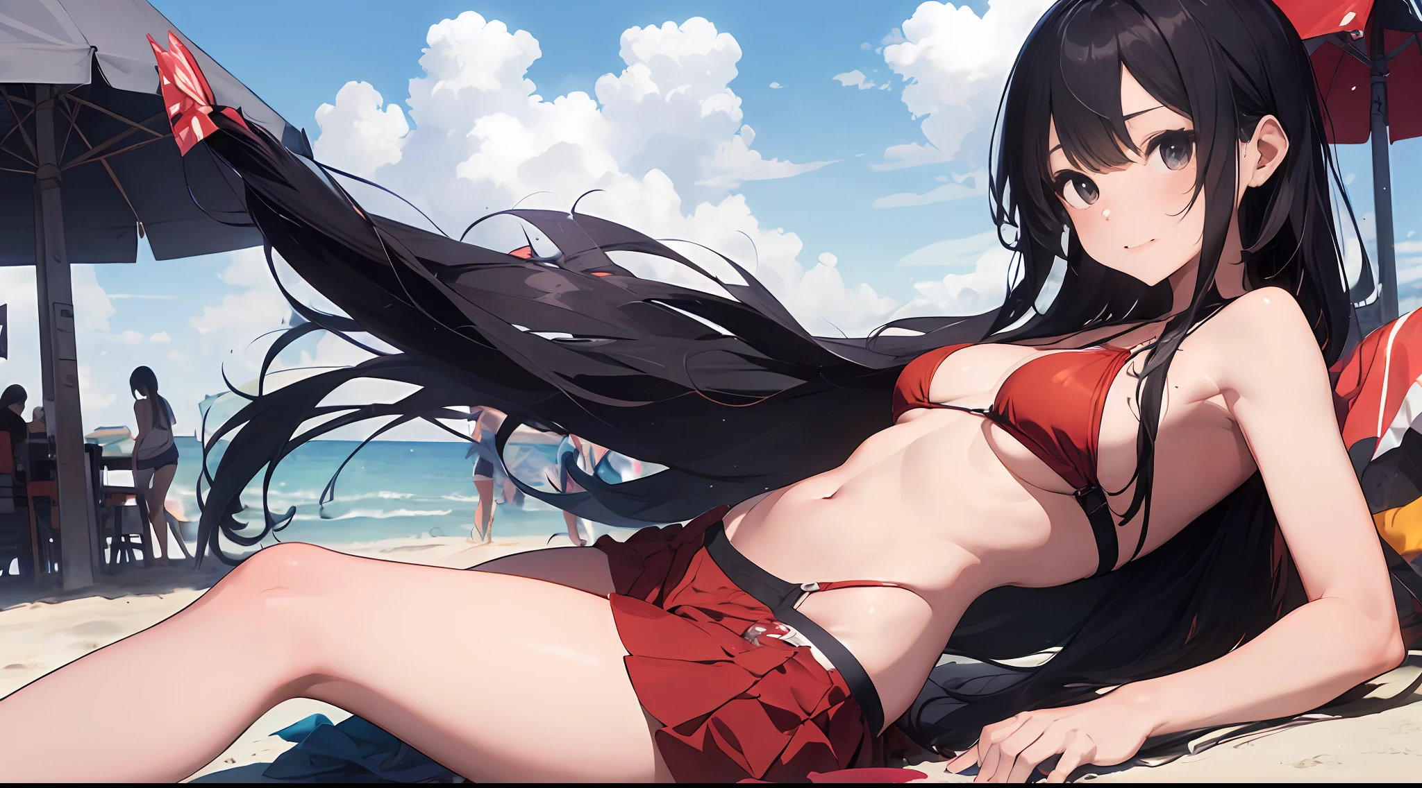 soro woman,(best texture:1.3),( 1woman , Breezy Beach:1.5),Japanese woman, absurdres,((masterpiece)), ((best quality)), (ultra-detailed), ((extremely detailed)),high definition,an extremely delicate and beautiful,((best quality)),,colorful,long-skirted red bikini,,((extremely detailed)), 4K, (8K),best quality,flat color, illustration,(ink splash:1.3),(pencil drawing:1.3), (watercolor pencil2:1.6
),, (beautiful),((perfect face,perfect body,perfect anatomy)),((so cool)), cute, brake, 20years old,full body, smile,( extra long hair:1.3), (bluish black hair:1.3), straight hair, hime cut, (tilted eyes:1.3), (black eyes:1.4), (tall stature), athlete, slender body, small brest, ((cool face)), ((slender face)), expression fair skin, She has a beautiful face and shining eyes, brake,