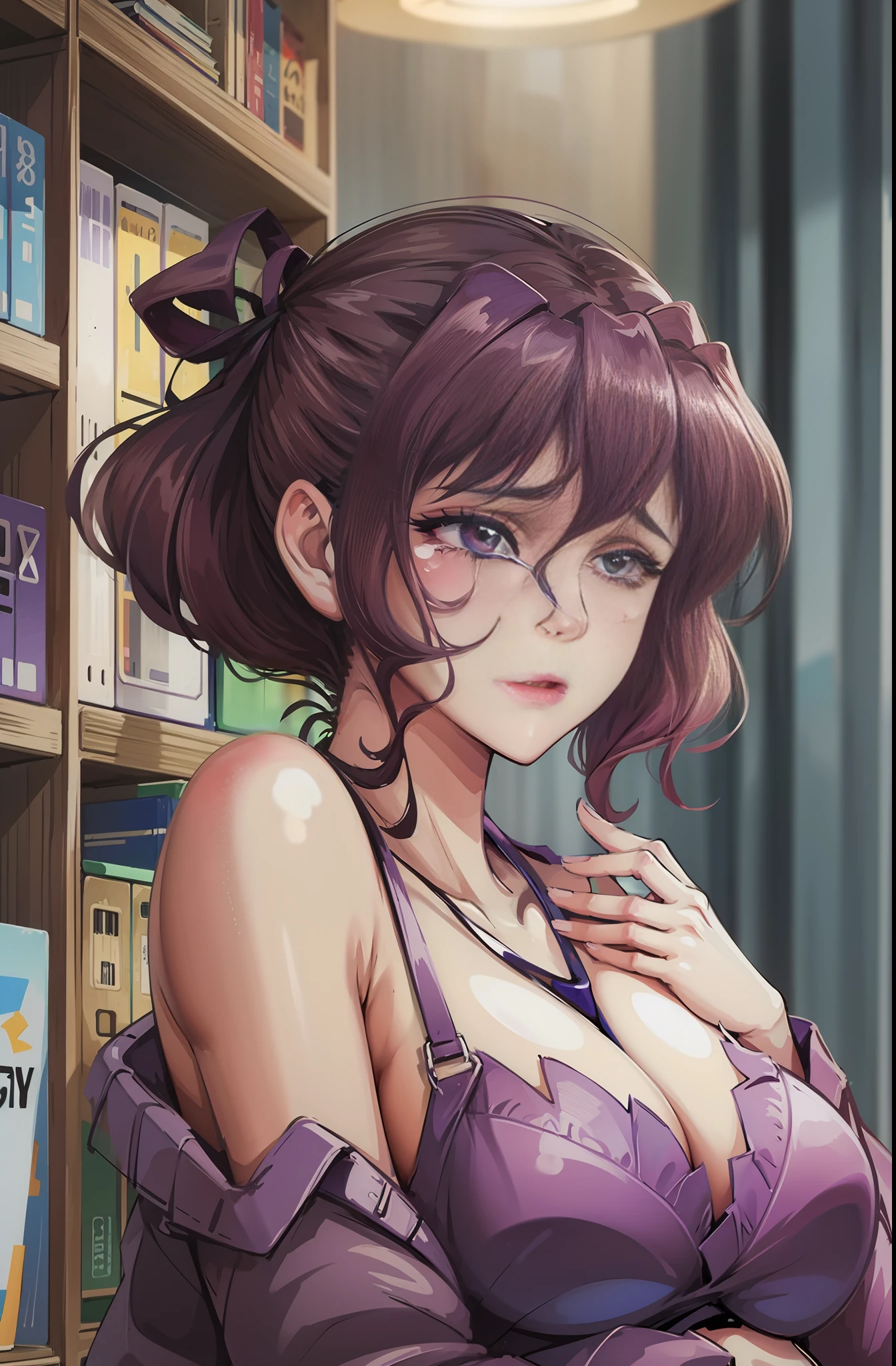 Beauty, teacher, sadness, tears, purple hair, purple eyes, library, ol set, masterpiece of best quality, 8k, high quality, high resolution