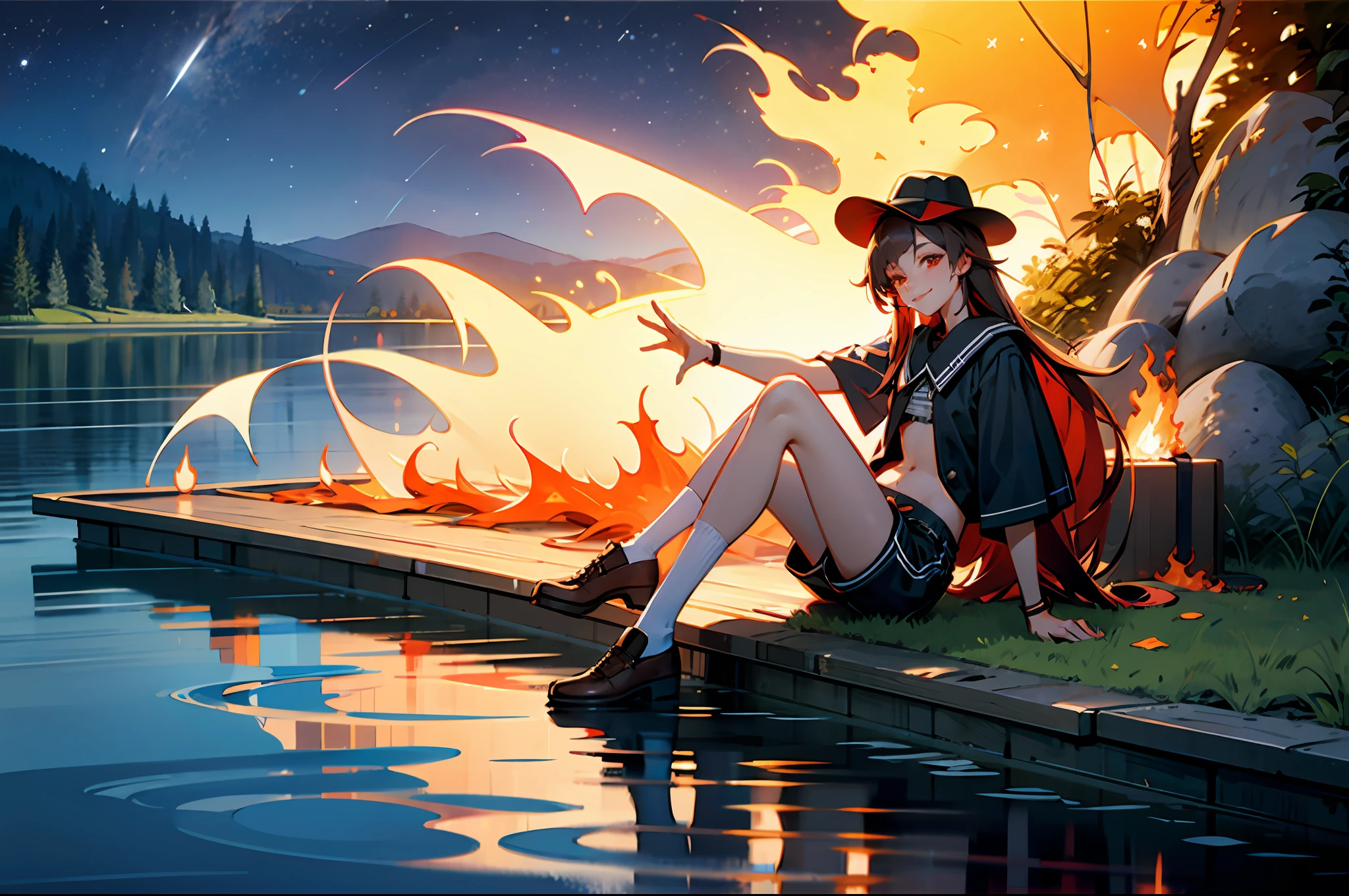 8K, Warm, Realistic, Unreal Rendering, 1 Girl, Medium Chest, Hu Taudev, Full Body, Brown Footwear, Black Hat, Black Shorts, White Mid-Tube Socks, Smile, (Ghost:0.9), Outdoor, Forest, Night, Lake, Long Hair, Red Eyes, Sitting, Fire, Lake, Stars