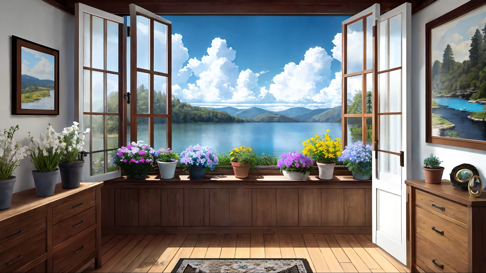 Masterpiece, best quality, clear focus, high quality, blue clear lake, blue sky and white clouds, very detailed CG unified 8k wallpaper, lots of flowers, large wooden window looking out, several potted plants, small green plants, large windows full of life, award-winning photography, HDR, realism, very detailed, trends on artstation, trends on CGsociety, intricate, high detail, dramatic, artistic way