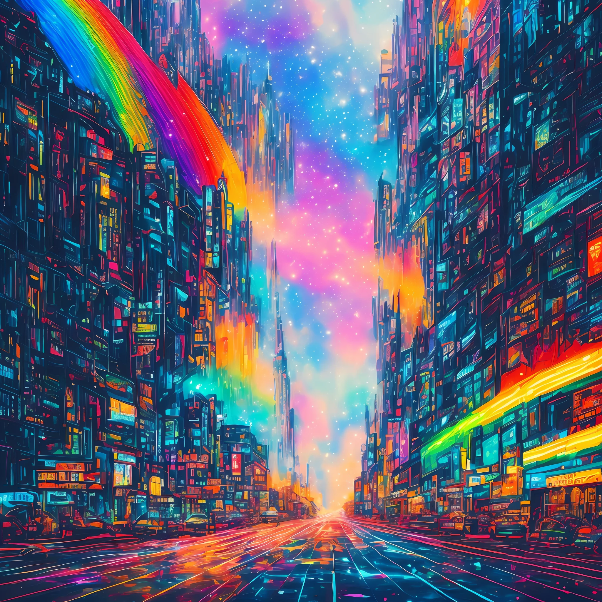 city ​​landscape painting, art, Northern Renaissance style, cyberpunk, big city, background galaxy give off rainbow and gold neon light many lines radially, brilliant planet, illustration, fantasy, portrait, animification, high resolution, best quality, very high image quality, ultra detailed, hyper realistic, photorealistic --auto