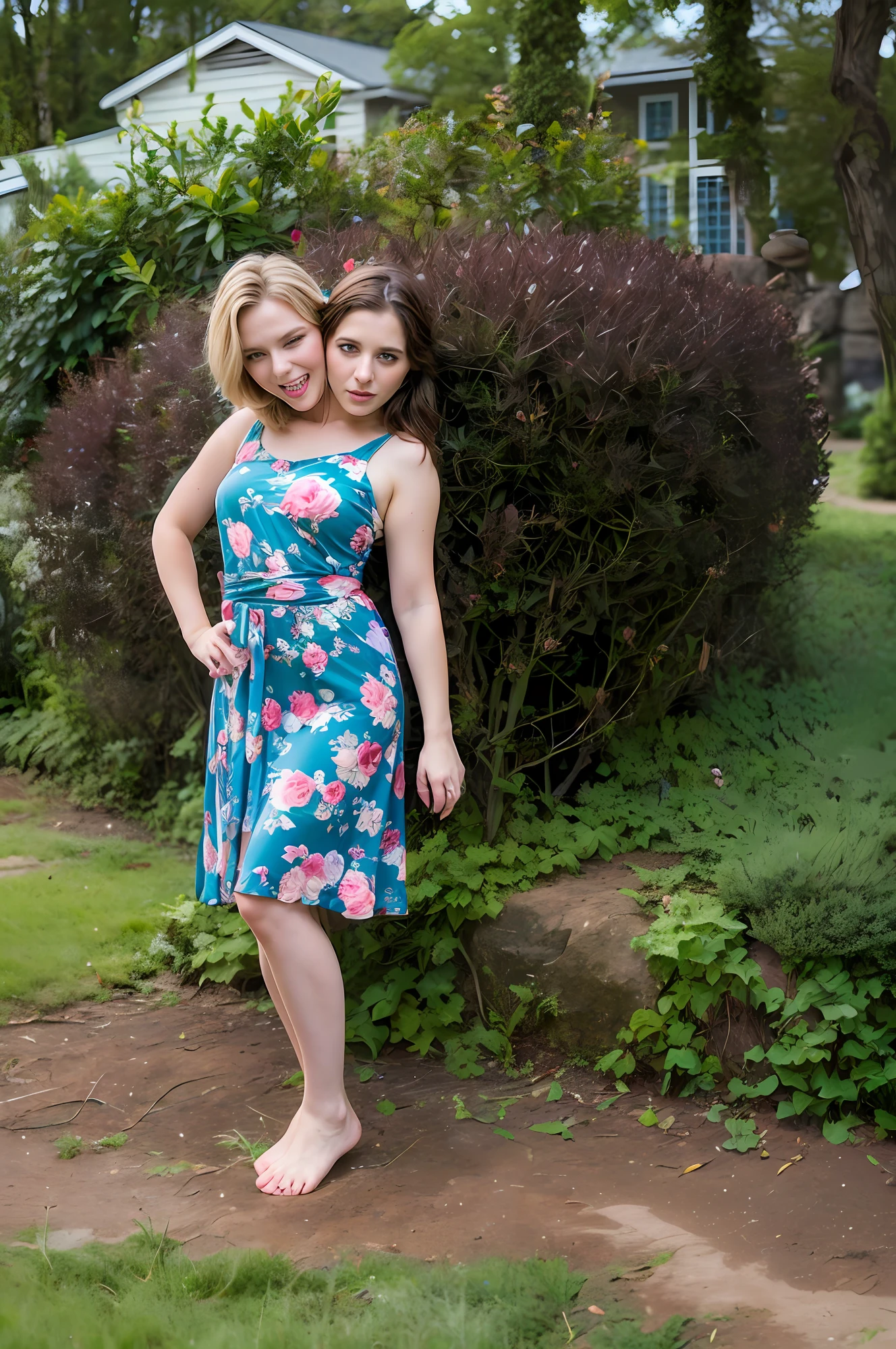 2heads, mom and daughter, (1head:1.5 child), (1head:1.5 young adult) (one torso:1.5), Irish, white girls, age difference, (two heads on one body:1.4), (first head uncomfortable:1.5), (second head unhappy:1.5) conjoined twins, heads side by side, one torso, young, realistic faces, lifelike faces, uncomfortable, barefoot