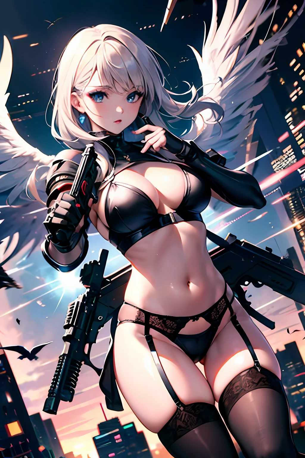 Top quality, masterpieces, fine details, 8k wallpaper, angel with a beautiful gun, (blue eyes), long eyelashes, makeup, pink lips, five fingers, garter belt, (lower chest exposed, thighs exposed: 1.2), cyberpunk, black wings, with a gun in hand, firing shots, opening fire, dynamic, jumping, lots of movement, black wings, jumping, jumping, flying, shots, lots of shots, action movie scene, cinematic, anime, dramatic, lots of action, shooting