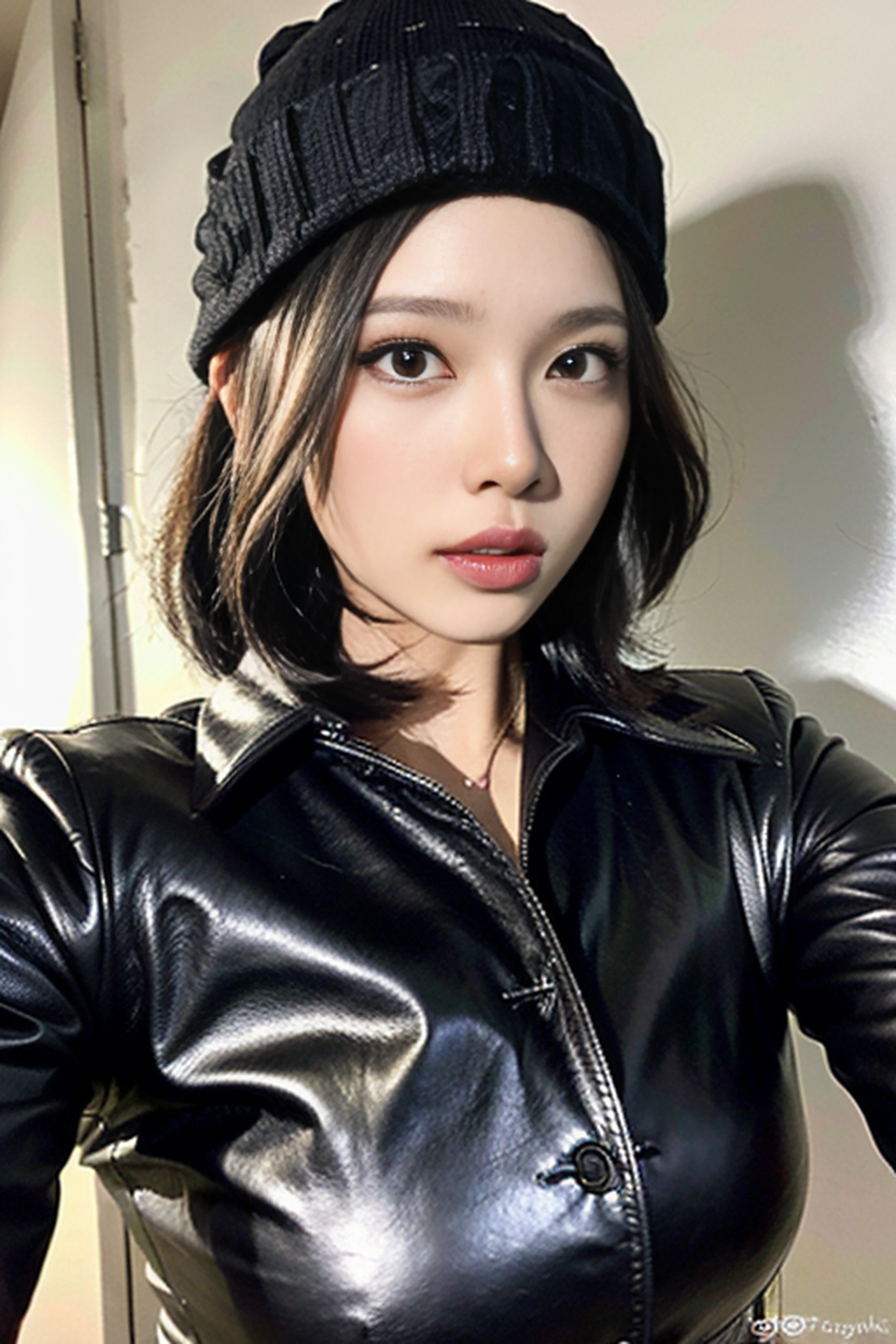 (
(8k:1.27), best quality, masterpiece, ultra highres:1.2) Photo of Pretty Japanese woman
 (beautiful:1.1) (sci-fi warrior woman:1.1) space soldier, (beanie:1.61) (leather jacket:1.21) intricate elegant, fantasy, detailed, ometric by greg rutkowski and alphonse mucha, gradient lighting