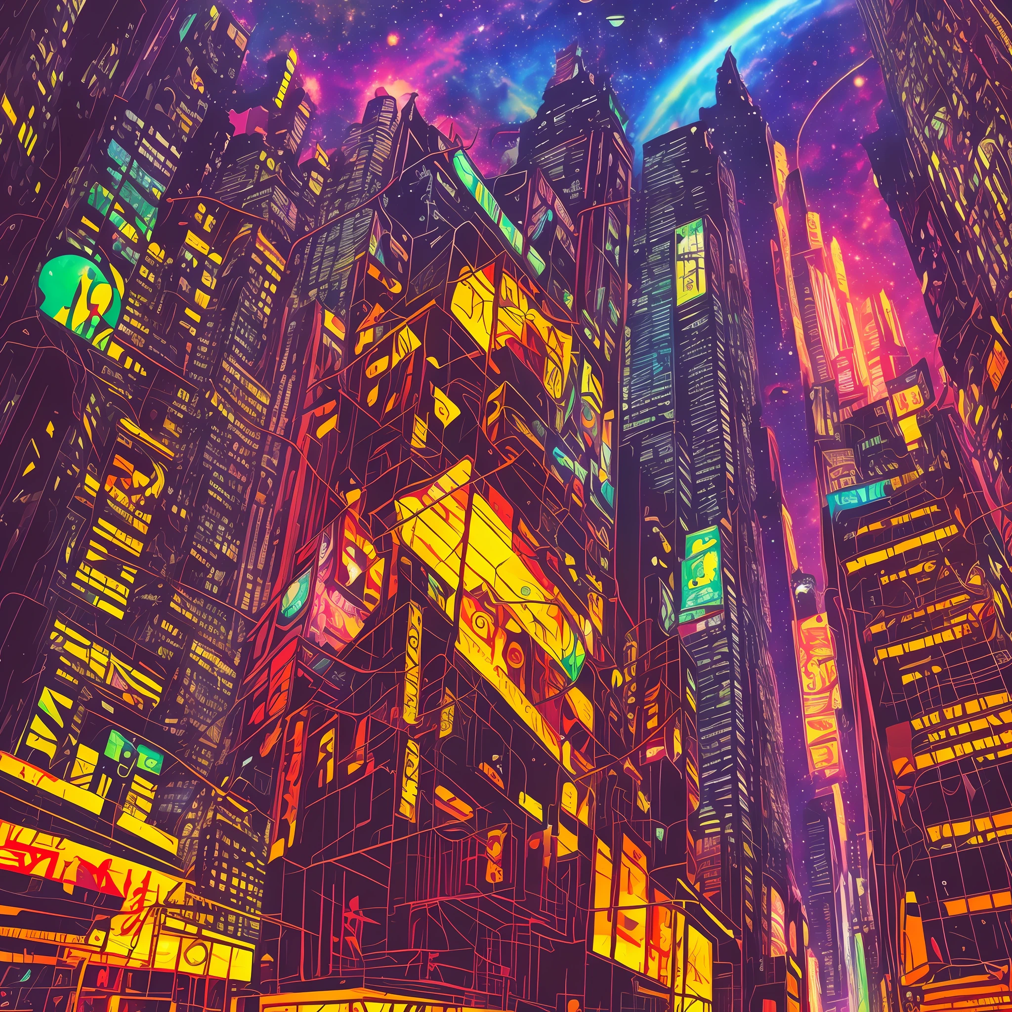 city ​​landscape painting, art, Northern Renaissance style, cyberpunk, big city, background galaxy give off rainbow and gold neon light many lines radially, brilliant planet, illustration, fantasy, portrait, animification, high resolution, best quality, very high image quality, ultra detailed, hyper realistic, photorealistic