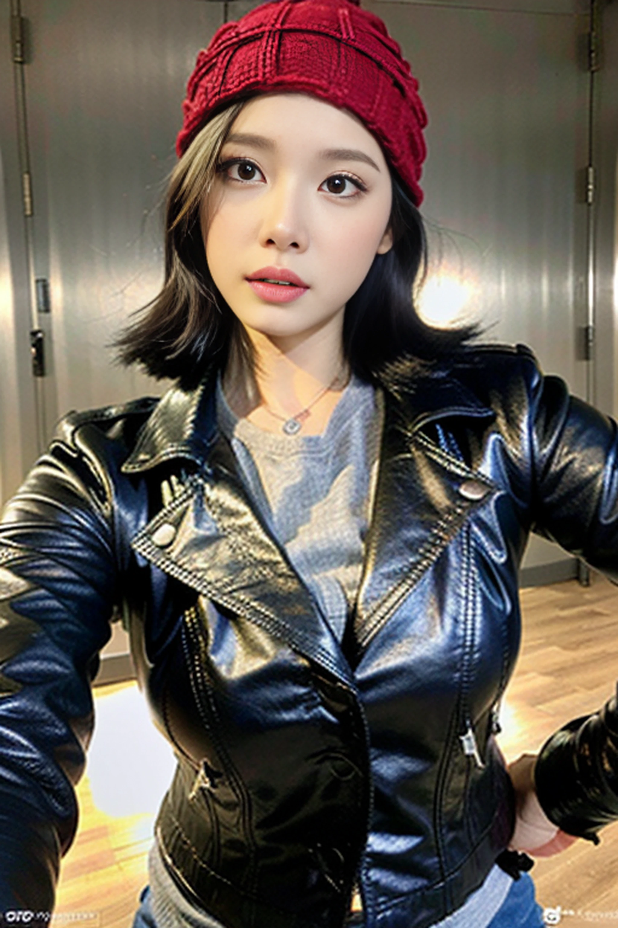 (
(8k:1.27), best quality, masterpiece, ultra highres:1.2) Photo of Pretty Japanese woman
 (beautiful:1.1) (sci-fi warrior woman:1.1) space soldier, (beanie:1.61) (leather jacket:1.21) intricate elegant, fantasy, detailed, ometric by greg rutkowski and alphonse mucha, gradient lighting