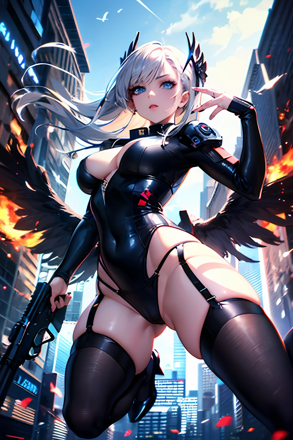 Top quality, masterpieces, fine details, 8k wallpaper, angel with a beautiful gun, (blue eyes), long eyelashes, makeup, pink lips, five fingers, garter belt, (lower chest exposed, thighs exposed: 1.2), cyberpunk, black wings, with a gun in hand, firing shots, opening fire, dynamic, jumping, lots of movement, black wings, jumping, jumping, flying, shots, lots of shots,  action movie scene, cinematic, anime, dramatic, lots of action, shooting