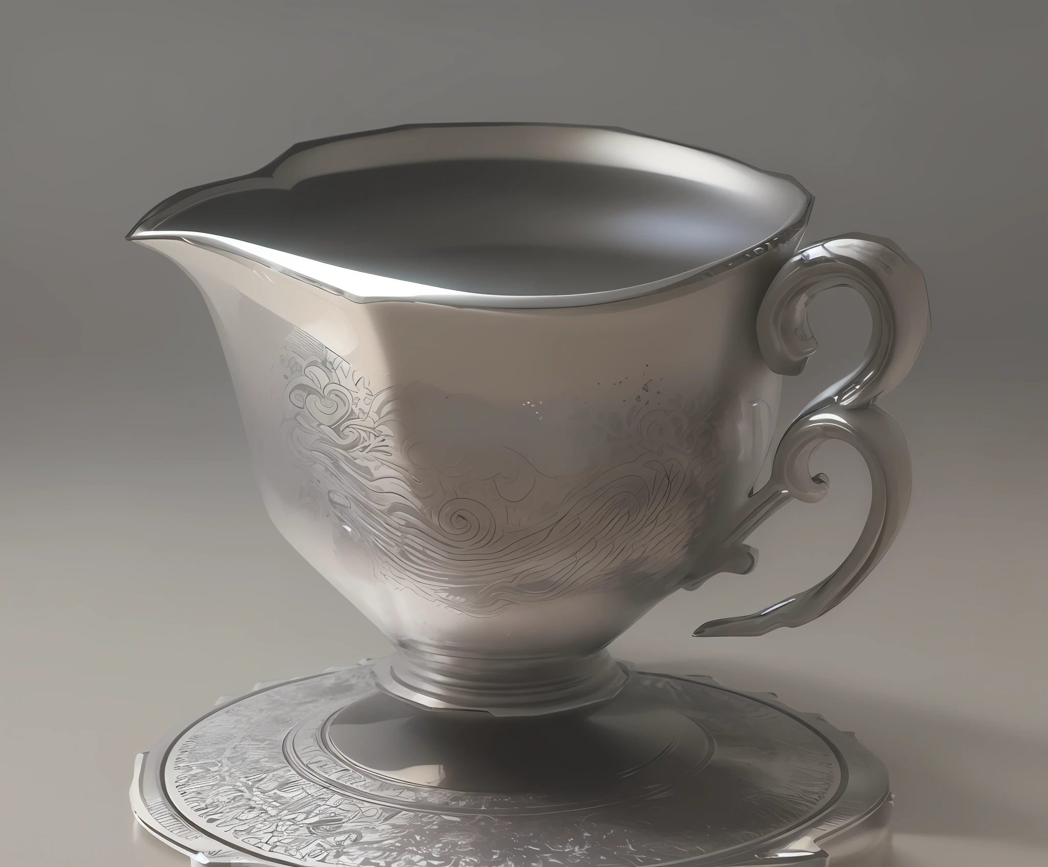 there is a silver pitcher with a decorative design on it, 3 d render stylized, stylized pbr, stylized shading, smooth shading, stylized as a 3d render, smooth light shading, soft image shading, stylized 3 d, rendered in arnold engine, stylized 3d render, very flat shading, stylized cel shading, rendered in corona