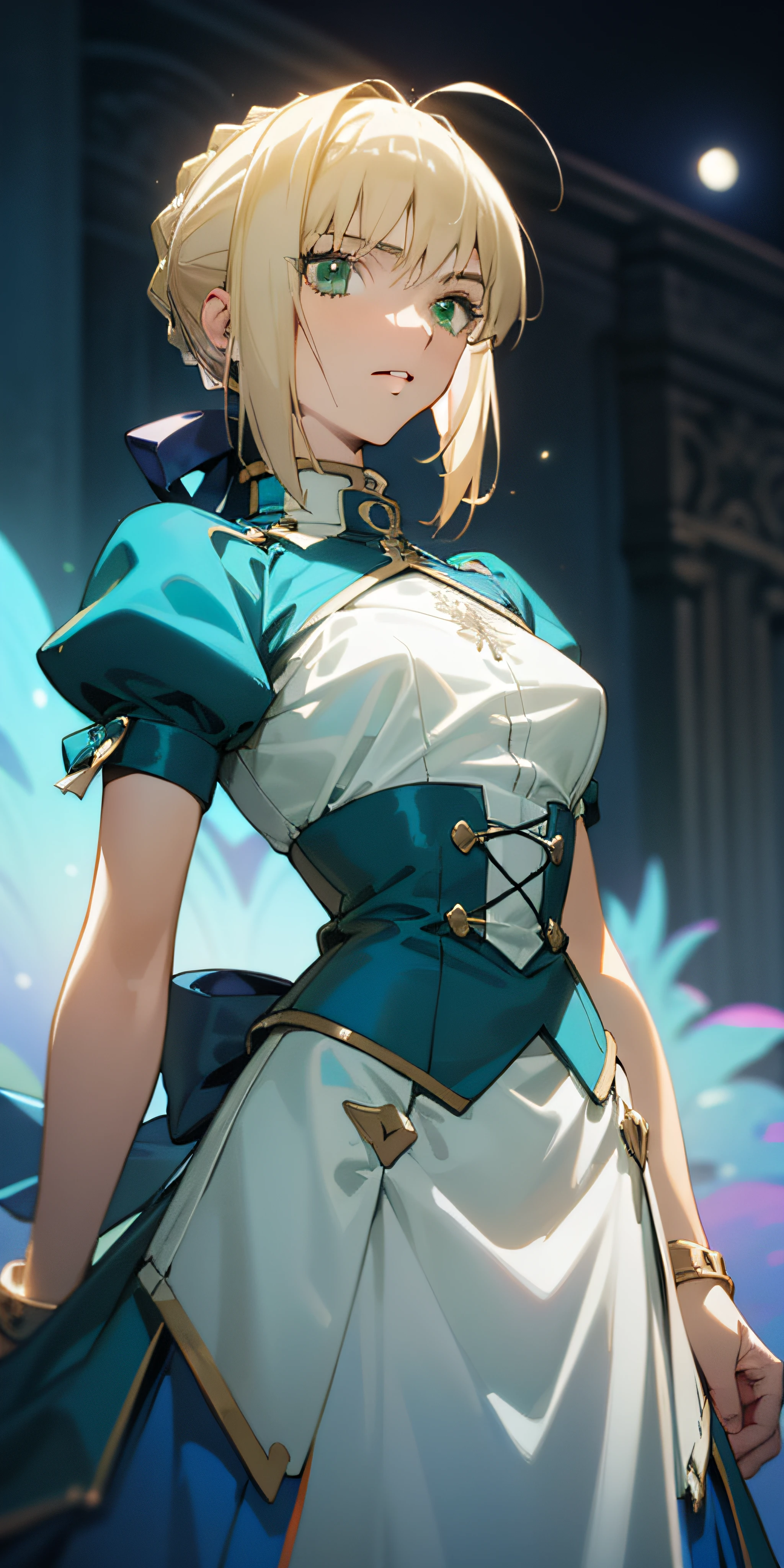 Artoria Pendragon \ (Destiny\,Masterpiece, Best Quality, High Resolution, Ultra Detailed, Art Book, Anime Coloring, CG, Illustration, Fantasy, 1 Girl, Solo, Male Focus, Looking at the Audience, Artoria Pendragon \ (Destiny\), White Shirt Blue Bow, Blue Short Skirt, Detailed Beautiful Face and Eyes , Mild Moonlight, Moon, Strong Color Contrast , Cool Tone Environment, Capable Slender Figure, Dexterous Dynamics, Surrounding Light Dim Light Gathering on Maiden, Green Eyes