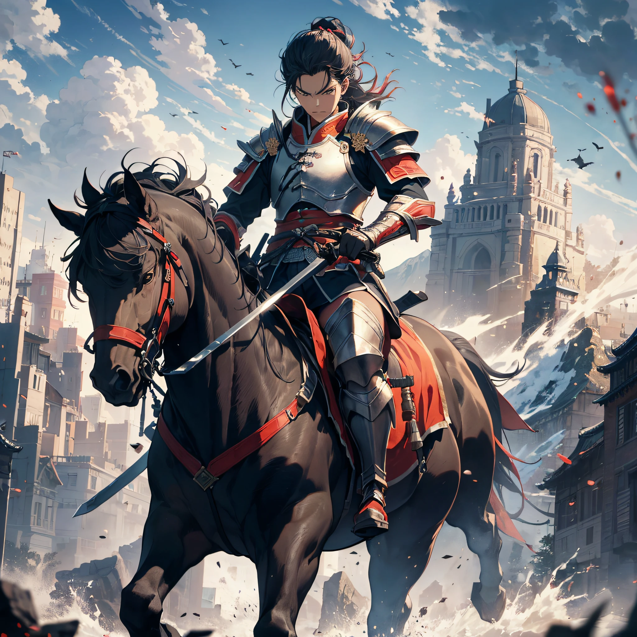 Absurd resolution, high resolution, (masterpiece: 1.4), hyper-detail, ancient China, huge mountains, black long-haired young man (1.3), riding a horse (1.3), roaring (1.2), armored samurai in red armor, wielding a sword, army, battlefield, blood, battle