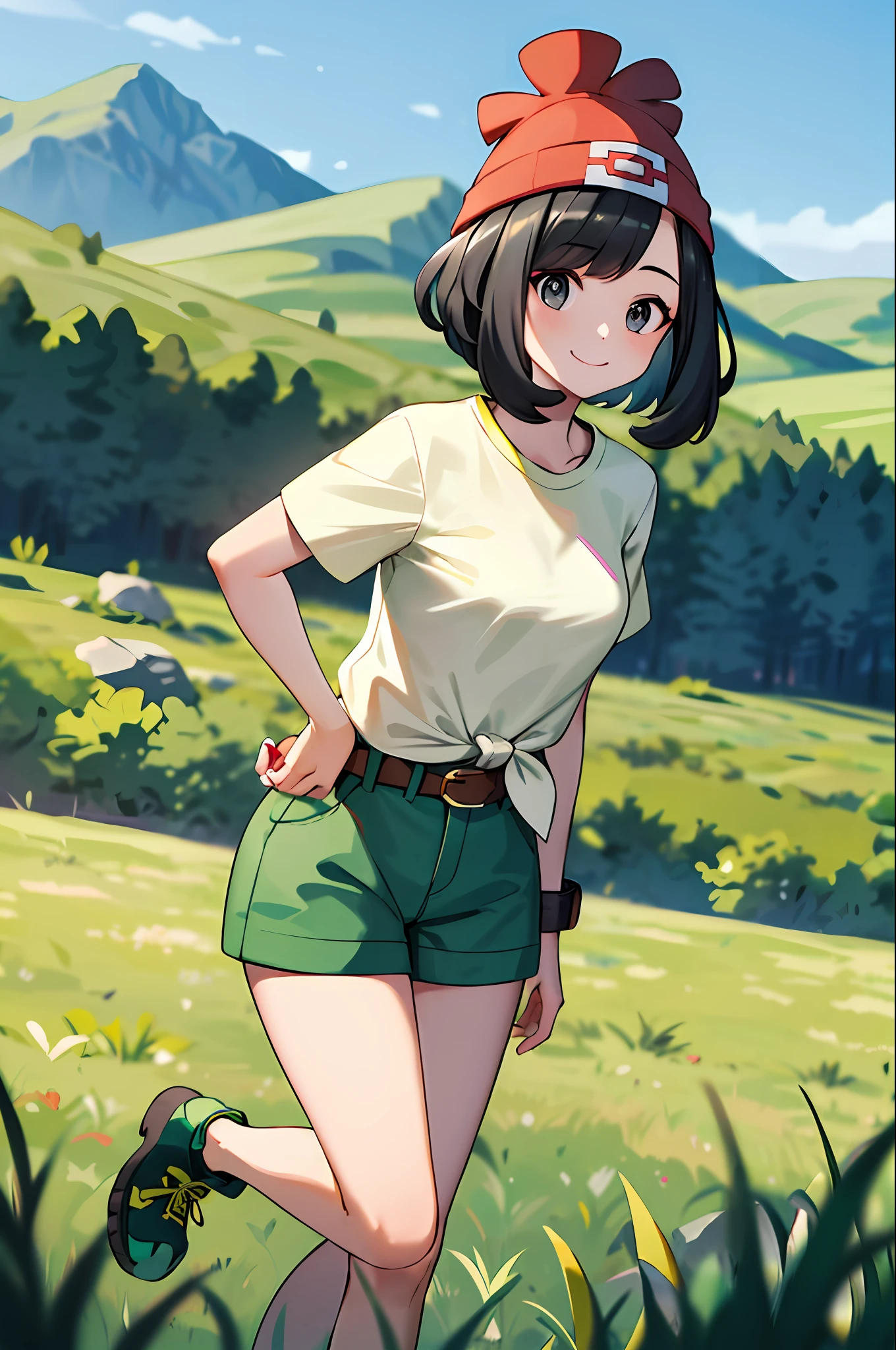 masterpiece, Best Quality, Hi-Res, Selene 1, 1 girl, Selene 1, 1 girl, Selene (Pokemon \), Solo, Grey eyes, Black hair, Green shorts, Red hat, Beanie, Shirt, Tied shirt, Floral, Short hair, Short sleeves, Short shorts, Stripes, Yellow shirt, Belt, Cowboy shot, Grass, Field, Smile, Have a pokeball, Put your hands on your hips, Pokeball\(basic),(Full body))