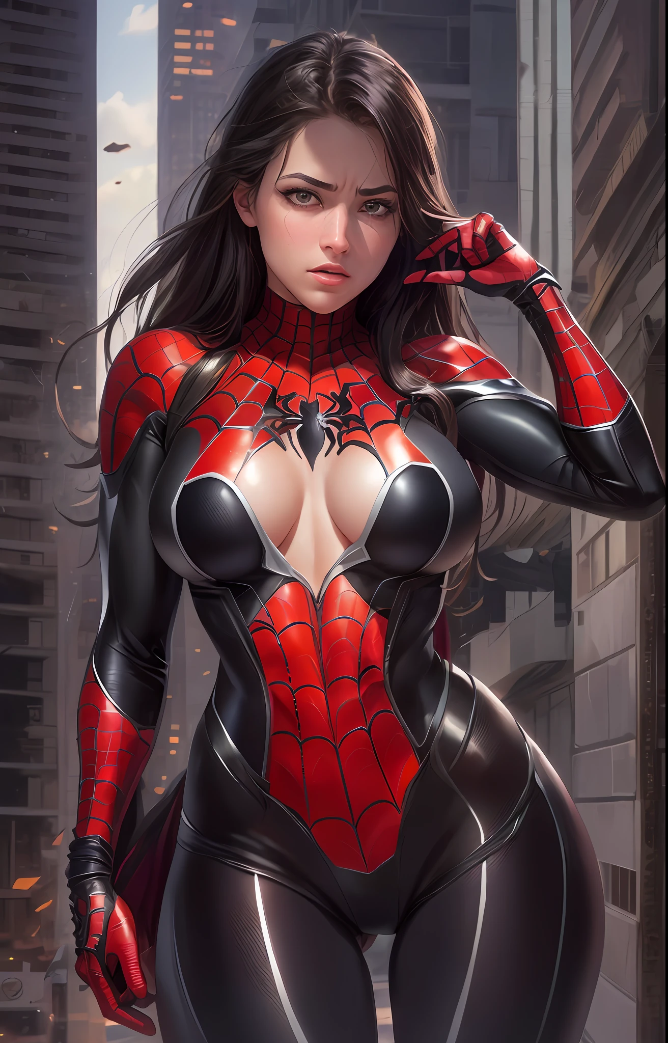Proportional eyes, (Realisticity: 1.5), Realism, Ultra Realisticity, (Very Detailed Eyes), Ultra Detailed, Soft Lighting, (Detailed Background), Extreme Detail Background, Sharp Detail, ((Full Body)), Female Spider-Man Tears Open the front of the costume, exposing breasts, blushing, hanging on the side of the building