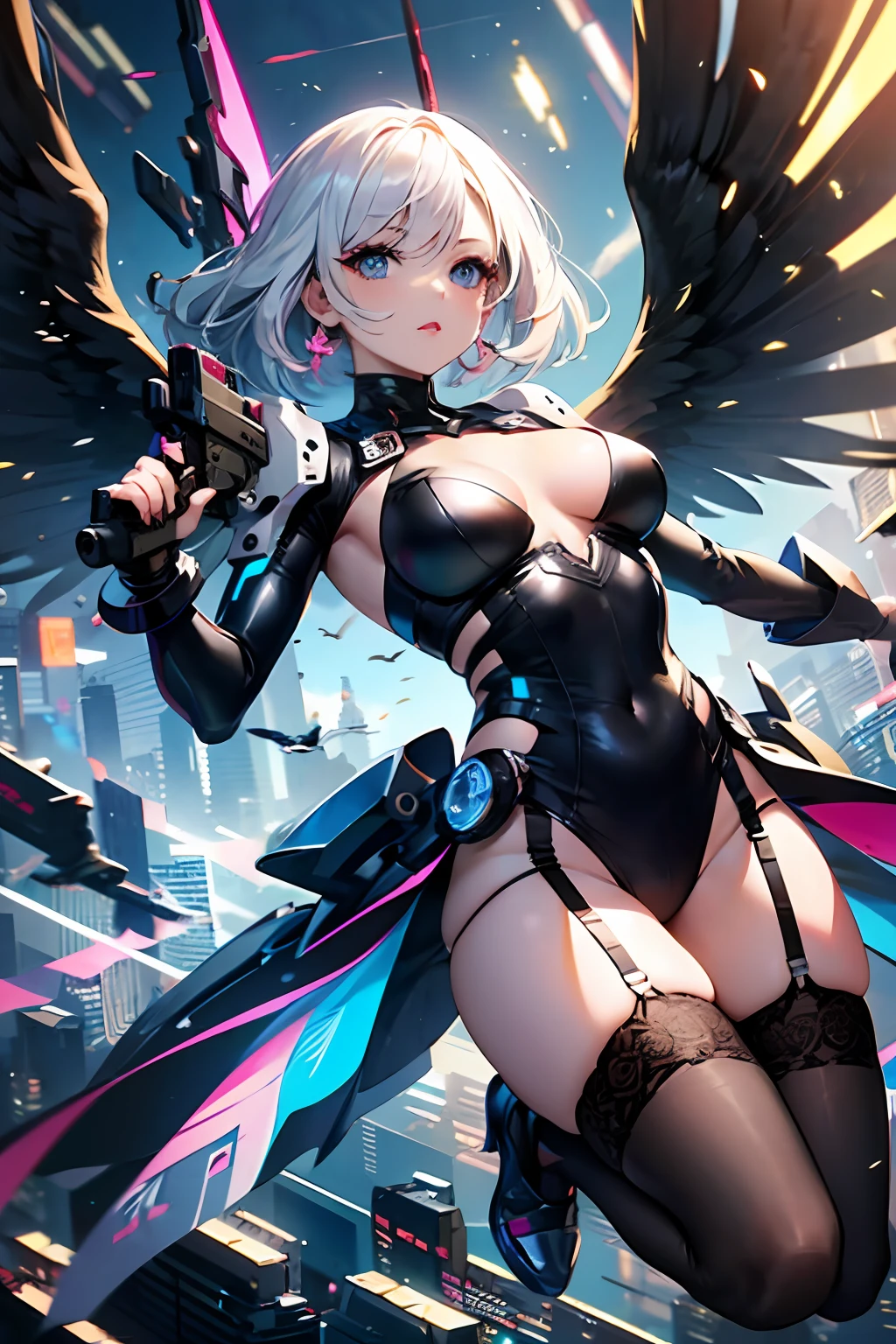 Top quality, masterpieces, fine details, 8k wallpaper, angel with a beautiful gun, (blue eyes), long eyelashes, makeup, pink lips, five fingers, garter belt, (lower chest exposed, thighs exposed: 1.2), cyberpunk, black wings, with a gun in hand, firing shots, opening fire, dynamic, jumping, lots of movement, black wings, jumping, jumping, flying, shots, lots of shots, action movie scene, cinematic, anime, dramatic, lots of action, shooting