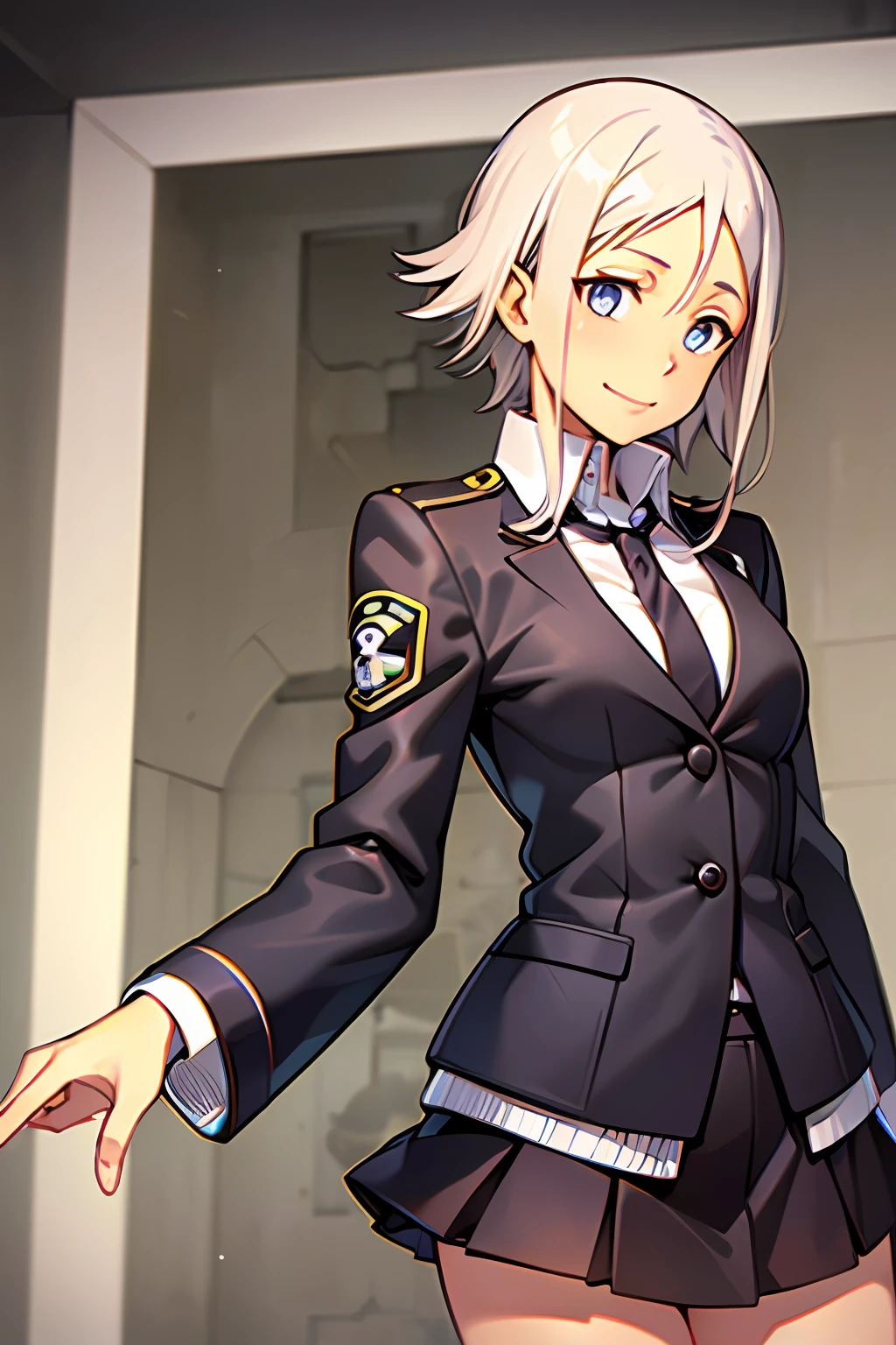 (masterpiece), (best quality), (detailed), 1girl, (style of soul eater and fire force), illustrated by Atsushi Ohkubo, tomboy, blonde hair, blue eyes, short hair, highscool uniform, sweater, skirt, shirt, tie, light smile