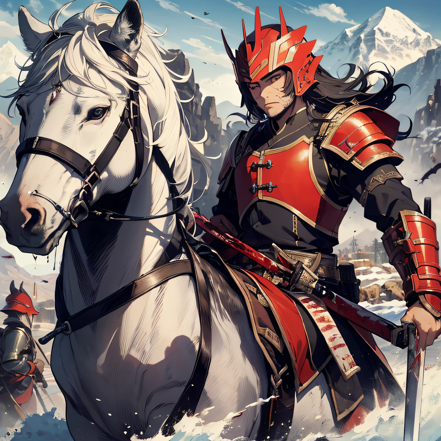 Absurd resolution, high resolution, (masterpiece: 1.4), hyper-detail, ancient China, huge mountains, black long-haired young man (1.3), army, horseback riding (1.3), roar (1.2), armored samurai in red armor, wielding sword, army, battlefield, blood, battle
