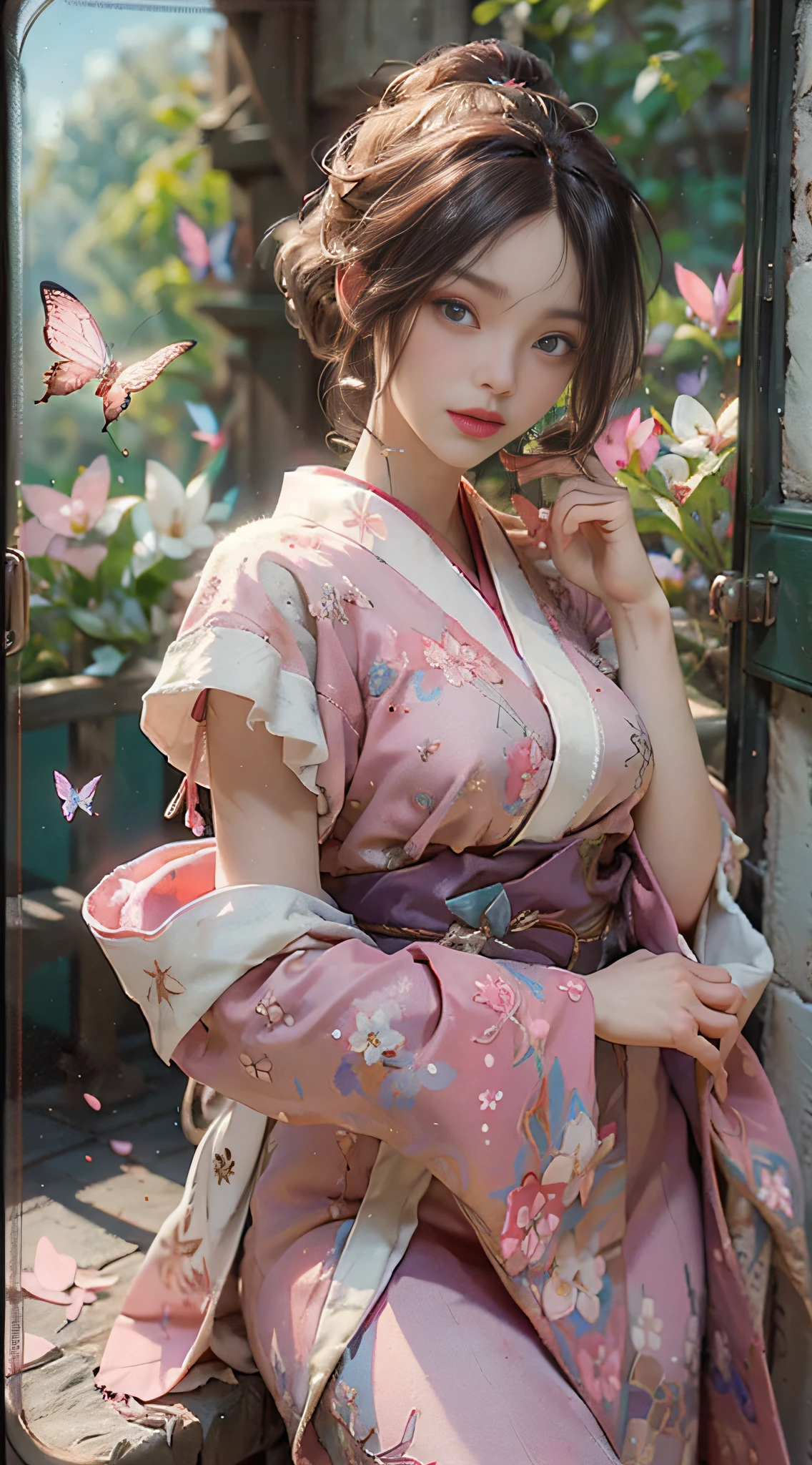 ((Best Quality)), ((Masterpiece)), (Detail: 1.4), 3D, Beautiful Cyberpunk Female Image, HDR (High Dynamic Range), Ray Tracing, NVIDIA RTX, Super Resolution, Unreal 5, Subsurface Scattering, PBR Texture, Post-Processing, Anisotropic Filtering, Depth of Field, Maximum Sharpness and Sharpness, Multi-layer Texture, Albedo and Highlight Mapping, Surface Coloring, Mitsu-Accurate Simulation of Material Interactions, Perfect Proportions, Octane Rendering, Two-color Light, Large Aperture, Low ISO, white balance, regular three-point, 8K RAW, beautiful bright pupils, flowing robe, fine pupils, delicate face and eyes, long eyelashes, blush, fluffy hair, pink lips, pure, cute, cherry blossom petals falling, butterflies, light and gauzy pink kimono