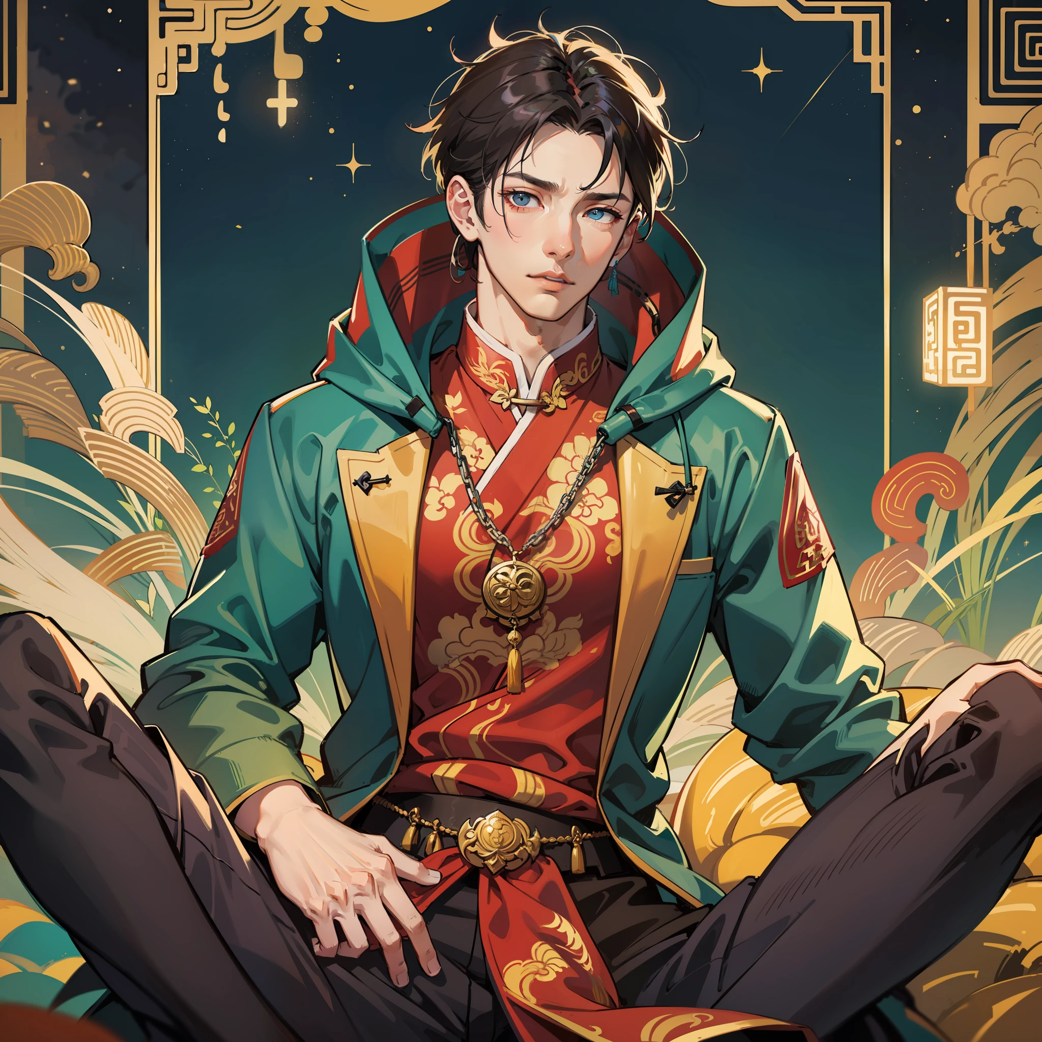 muscular boy, masculine face, wild, masculine, valiant, handsome, rugged, hoodie, modern chinese traditional costume, fusion of ancient Chinese and modern, king of rappers, pectoral muscles, abs, cool atmosphere, sitting, solid posture, fashionista, stylish, colorful, individual, luxurious, Cantonese, singing, dancing, sky with stars shining like dreams, Book of quiet nights, starry sky blooming brightly, border between whispering dreams and confusion, Cantonese pride, yellow and blue clothes