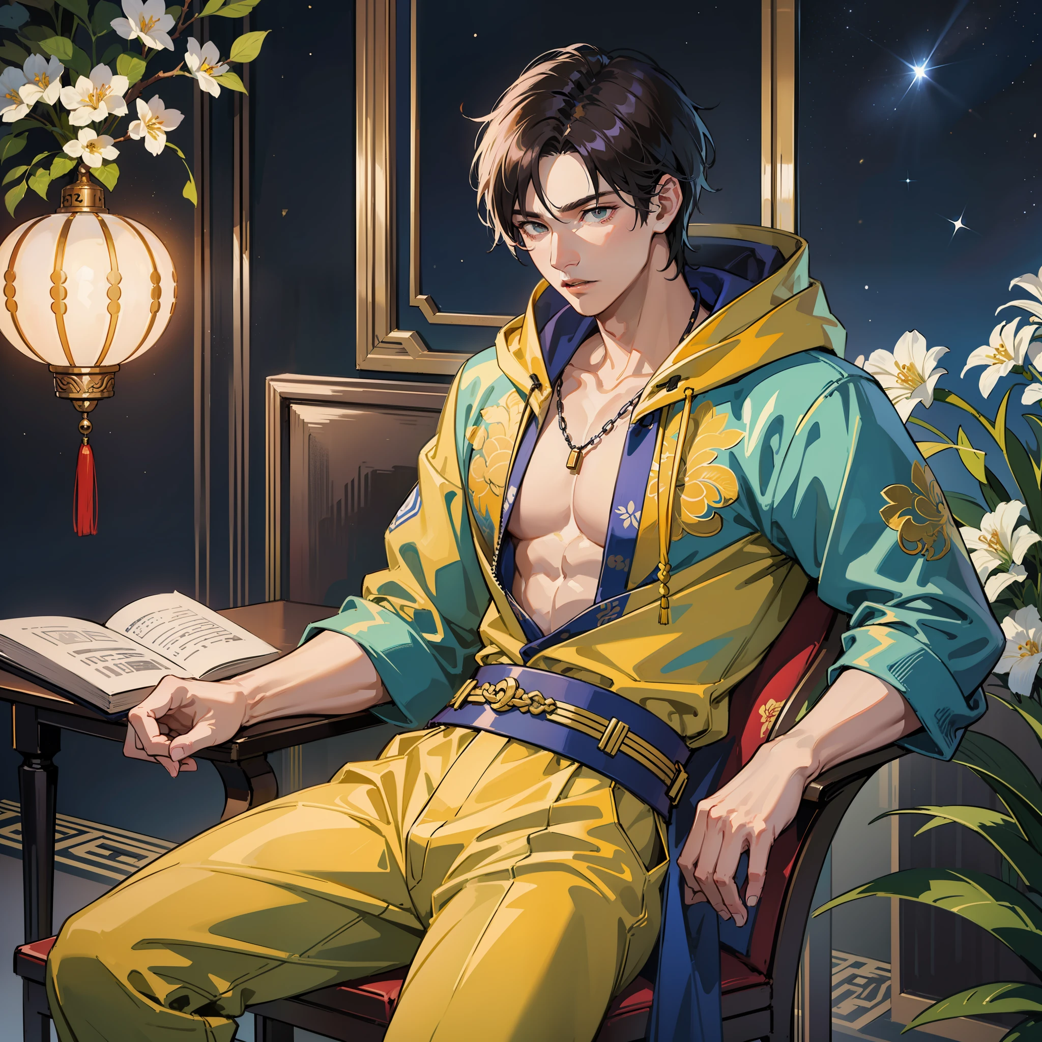 muscular boy, masculine face, wild, masculine, valiant, handsome, rugged, hoodie, modern chinese traditional costume, fusion of ancient Chinese and modern, king of rappers, pectoral muscles, abs, cool atmosphere, sitting, solid posture, fashionista, stylish, colorful, individual, luxurious, Cantonese, singing, dancing, sky with stars shining like dreams, Book of quiet nights, starry sky blooming brightly, border between whispering dreams and confusion, Cantonese pride, yellow and blue clothes