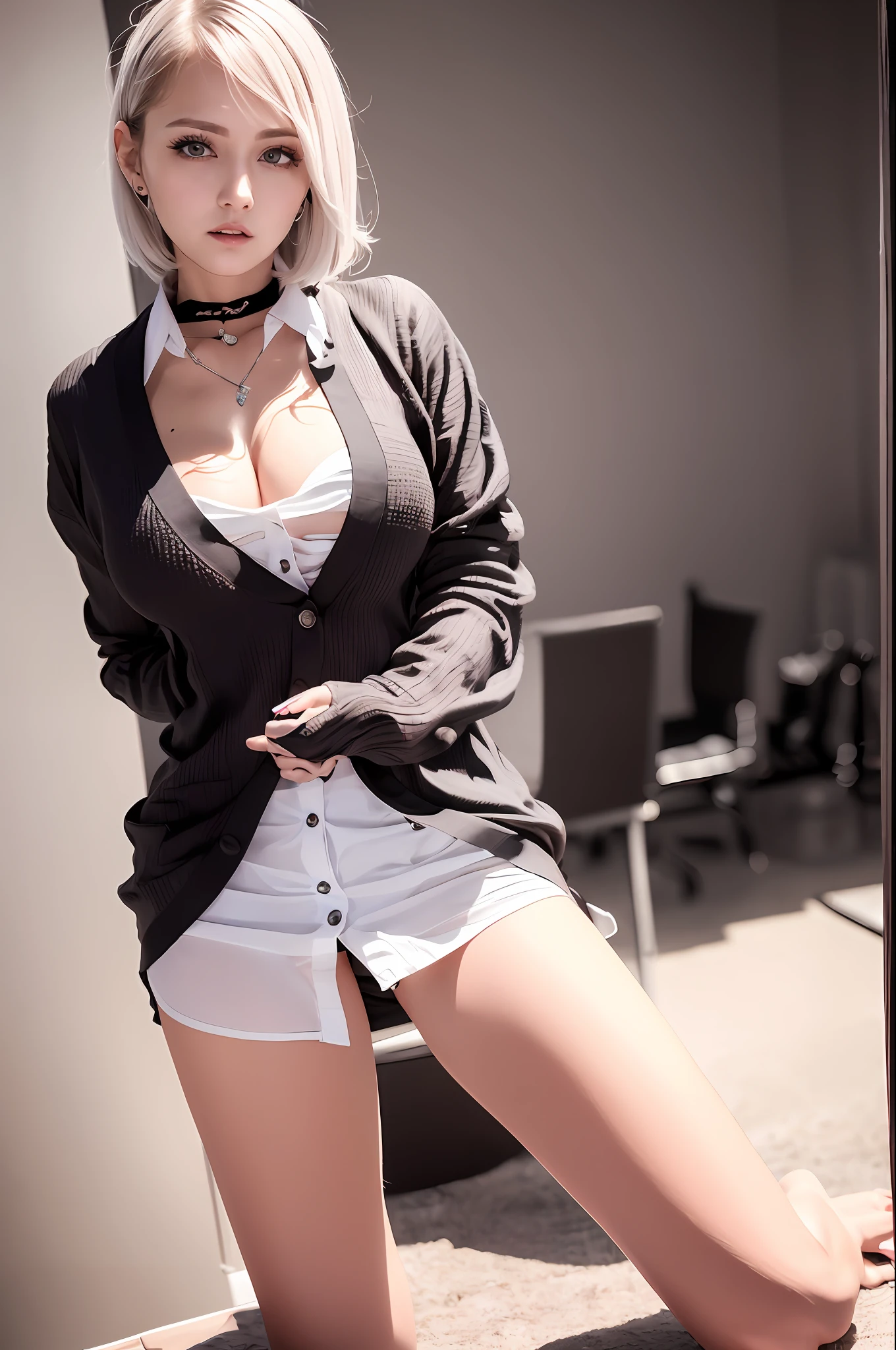 (RAW photo, best quality), (realistic, photo-realistic:1.3), masterpiece, extremely delicate, extremely detailed, CG, unity , 2k wallpaper, amazing, fine detail, light smile, extremely CG unity 8k wallpaper , huge file size, super detailed, highres, ridiculous, soft light, (((short hair: 1.3), short bangs, silver hair, flowing novafrogstyle)), pretty detail girl, finger detail, eyes and face extremely detailed, beautiful and delicate nose, beautiful and delicate eyes, long eyelashes, shallow face, looking at the audience, (shut up: 1.2), 1girl, cute, young, mature face, (full body: 1.3), (medium breasts), realistic face, realistic body, beautiful detailed thigh, (ulzzang-6500-v1.1:0.8), suit, crossover lace clothes, collared shirt, open clothes, in the office, detailed office, cardigan, black stockings, mini skirt, black underwear, open button shirt,