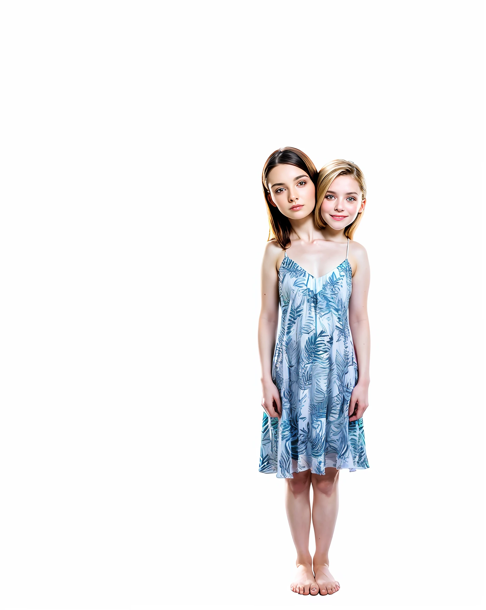 2heads, mom and daughter, (1head:1.5 child), (1head:1.5 young adult) (one torso:1.5), Irish, white girls, age difference, (two heads on one body:1.4), (first head uncomfortable:1.5), (second head unhappy:1.5) conjoined twins, heads side by side, one torso, young, realistic faces, lifelike faces, uncomfortable, barefoot
