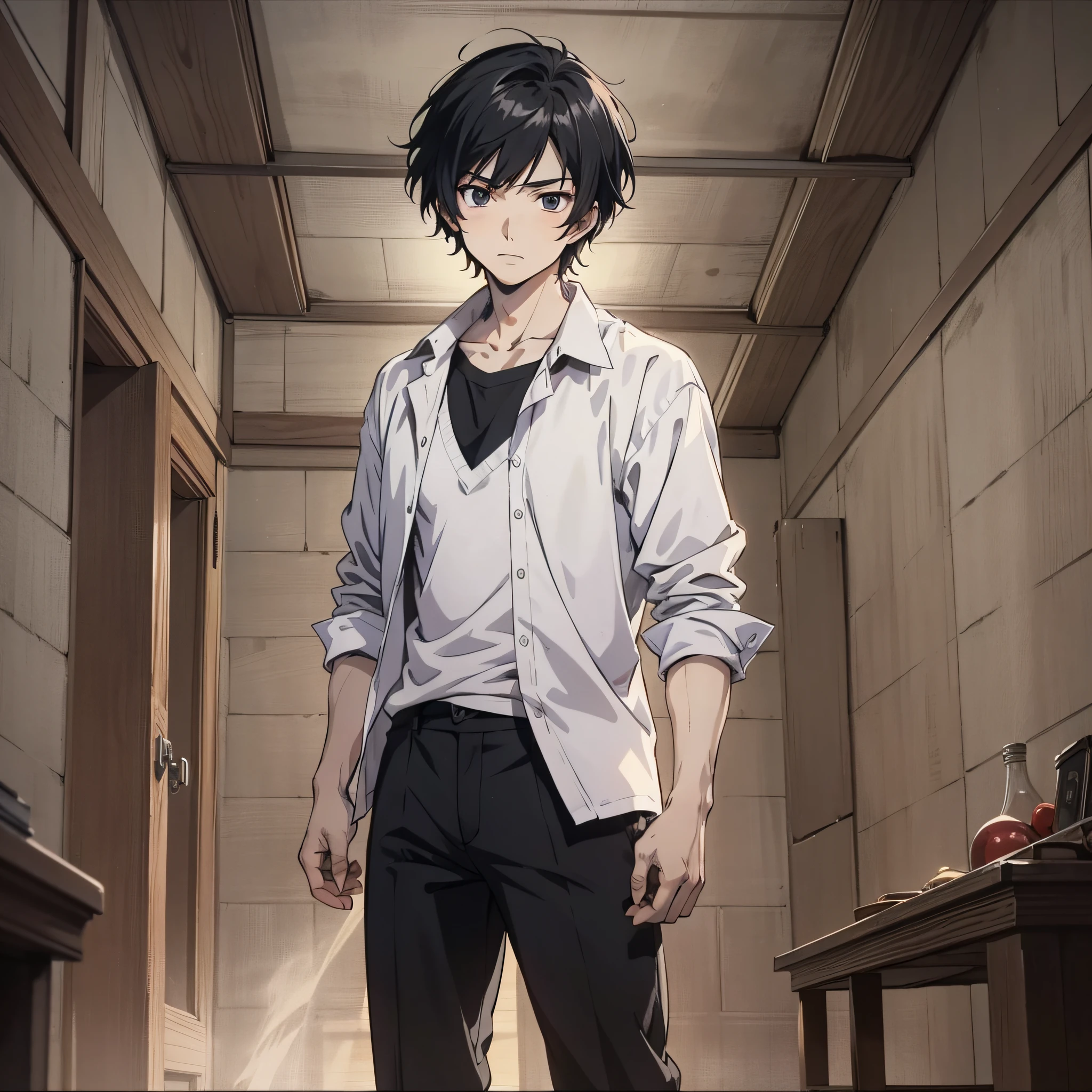 A young anime guy with short black hair and a white shirt is seriously injured in the house of the village, standing on the wall (turn a blind eye 1.5) (1.5 in the room of the background village) Anime style 4 K, anime rendering, anime style. 8k, handsome anime face (upper body display 1.5) (handsome boy 1.3) (cinematic light 1.5)