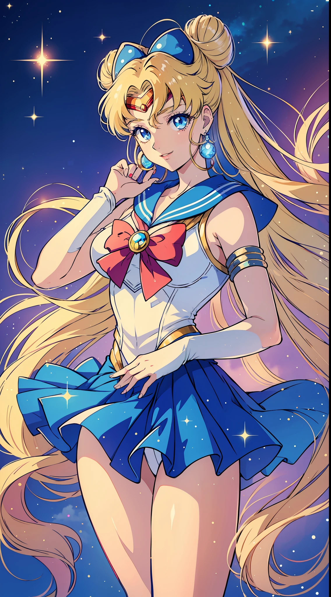 Girl, Solo:
Style: Anime (Sailor Moon)
Quality: Graceful
Quality: Compassionate
Hair: Long, flowing hair in a vibrant shade of blonde, with two cute buns on top
Eye Color: Large, sparkling blue eyes
Outfit: Wearing the iconic Sailor Moon uniform, consisting of a white leotard with a blue sailor collar, a pleated blue skirt, and a large red bow on her chest
Accessories: Adorned with a tiara on her forehead, matching blue earrings, and white elbow-length gloves
Pose: Standing tall with one hand resting on her hip, while the other holds a magical wand, which emits a soft, sparkling glow
Expression: Her gaze is gentle and compassionate, with a light, serene smile on her lips