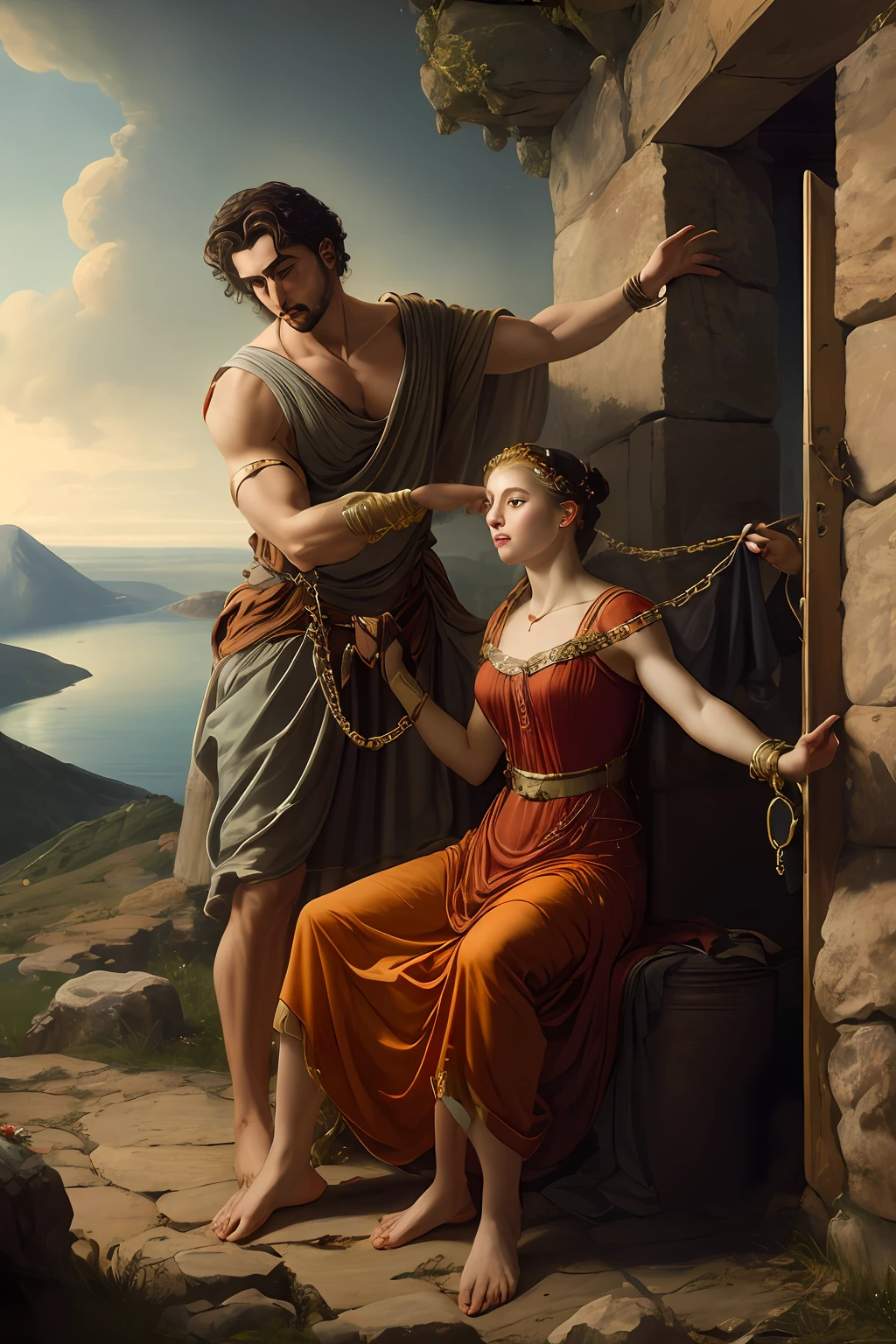 very detailed, 8k, the abduction of Proserpine by Pluto, dramatic, cinematic, greek mythology, gods, prisoner, slave, shocking scene, slave of Hades, kidnapped, chained, imprisoned