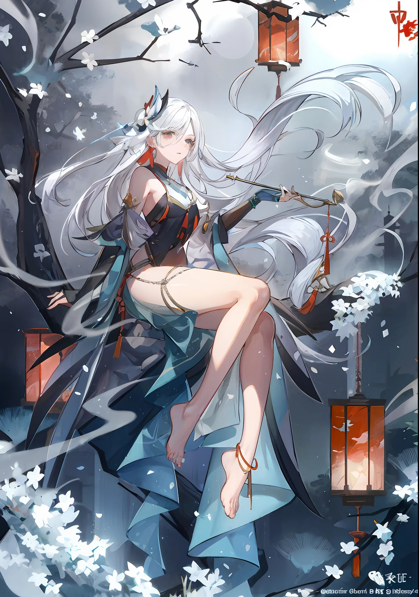 a woman in a blue dress sitting on a tree branch, white haired deity, onmyoji detailed art, onmyoji, anime goddess, trending on artstation pixiv, white-haired, by Shitao, onmyoji portrait, anime fantasy illustration, beautiful alluring anime woman, best anime 4k konachan wallpaper, pixiv contest winner