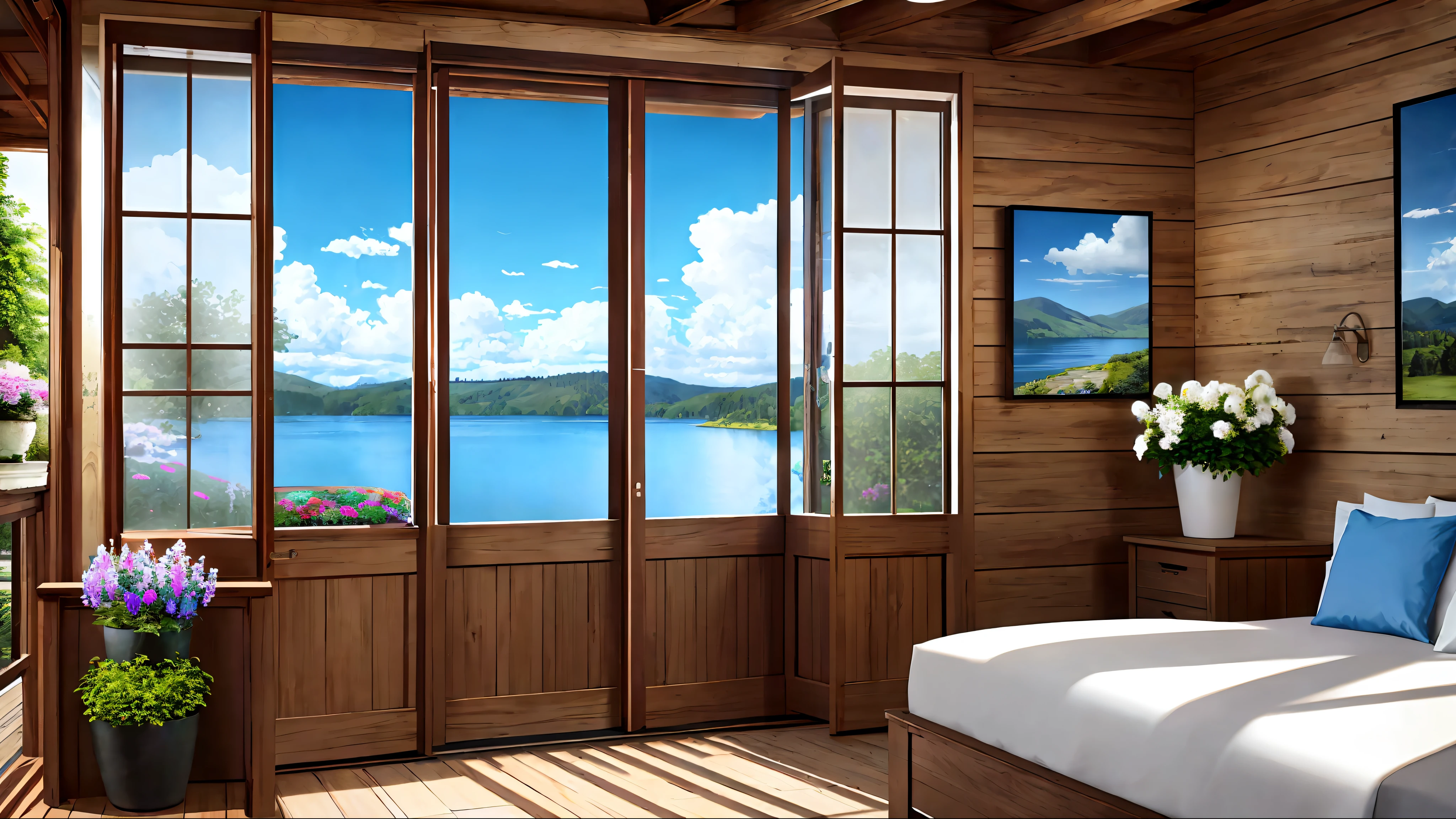 Masterpiece, best quality, clear focus, high quality, blue clear lake, blue sky and white clouds, very detailed CG unified 8k wallpaper, lots of flowers, large wooden window looking out, several potted plants, small green plants, large windows full of life, award-winning photography, HDR, realism, very detailed, trends on artstation, trends on CGsociety, intricate, high detail, dramatic, artistic way