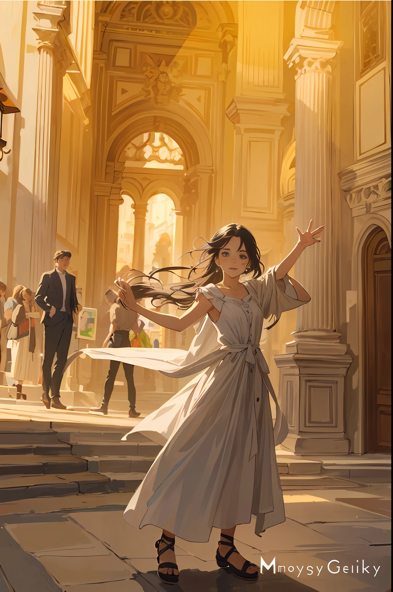 Model shooting style, (extremely detailed CG Unity 8k wallpaper), full-shot body photo of the most beautiful artwork in the world, stunning beautiful photo realistic available, super realistic super detailed photo, a beautiful girl as a female dancer entering the Loggia dei Lanzi of Florence,complex dress, banquet, crowd, [slight smile], (Sculpture of Hercules background), (princess eyes, shining pupils), detailed symmetrical beautiful hazel eyes, detailed gorgeous face, highly detailed, Vibrant, professional majestic oil painting by Ed Blinkey, Atey Ghailan, Studio Ghibli, Jeremy Mann, Greg Manchess, Antonio Moro, ArtStation Trends, CGSociety Trends, Complex, High Detail, Sharp Focus, Dramatic, Realistic Painting Art, by Midjourney and Greg Written by Rutkowski
