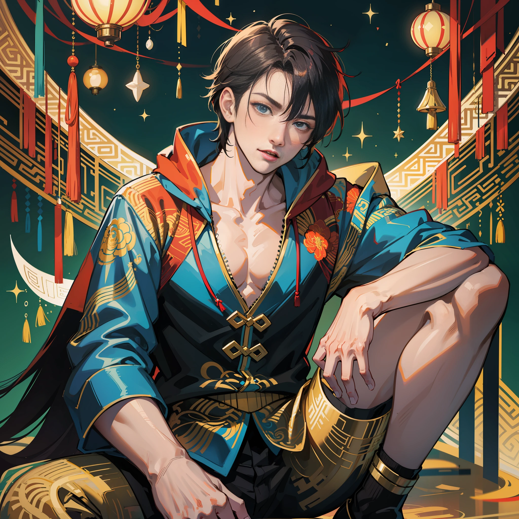 muscular boy, masculine face, wild, masculine, valiant, handsome, rugged, hoodie, modern chinese traditional costume, fusion of ancient Chinese and modern, king of rappers, pectoral muscles, abs, cool atmosphere, sitting, solid posture, fashionista, stylish, colorful, individual, luxurious, Cantonese, singing, dancing, sky with stars shining like dreams, Book of quiet nights, starry sky blooming brightly, border between whispering dreams and confusion, Cantonese pride, yellow and blue clothes