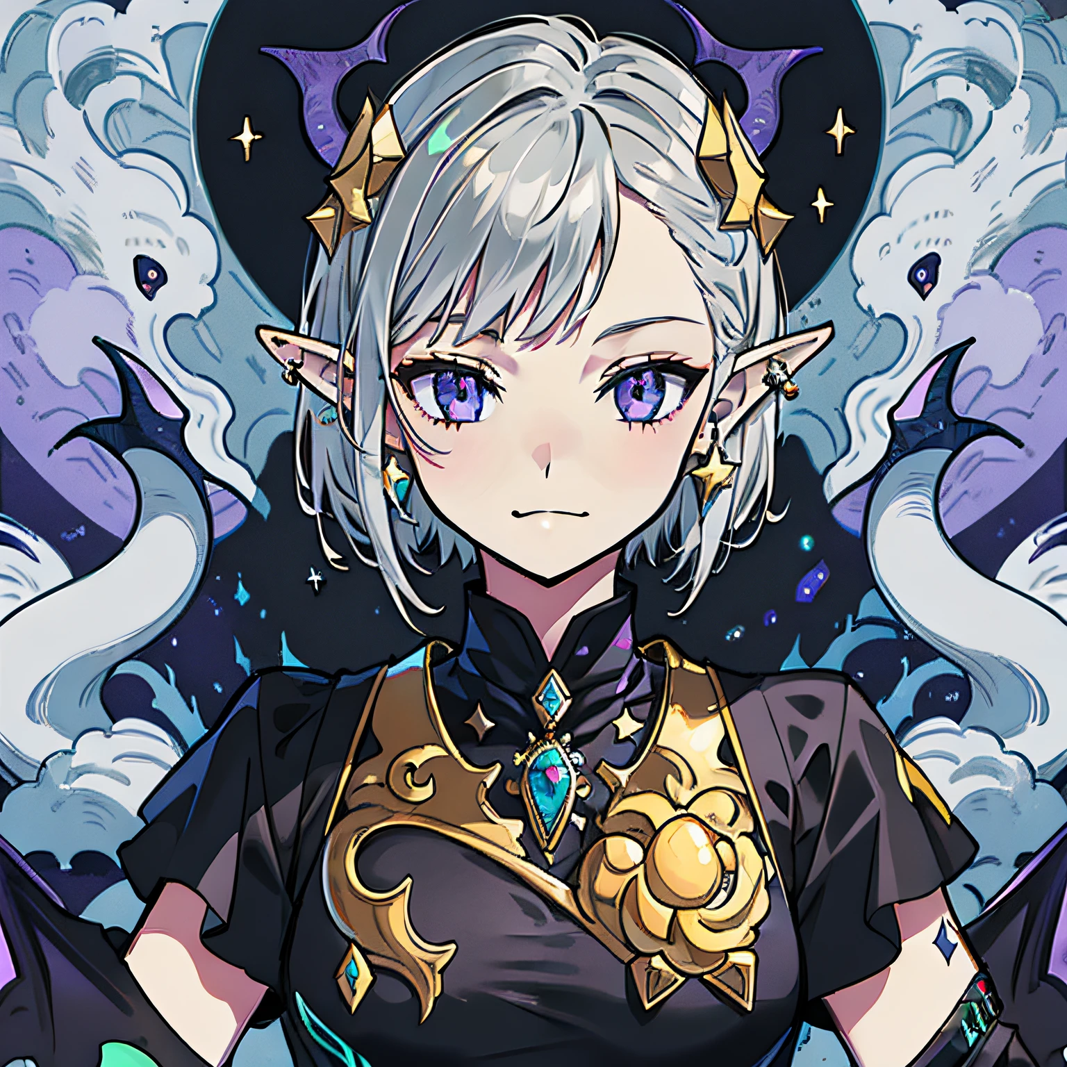 Girl with short silver hair, golden highlights in purple eyes, star stud earrings, elf ears, no headdress, black skirt, Cthulhu, dangerous, not smiling