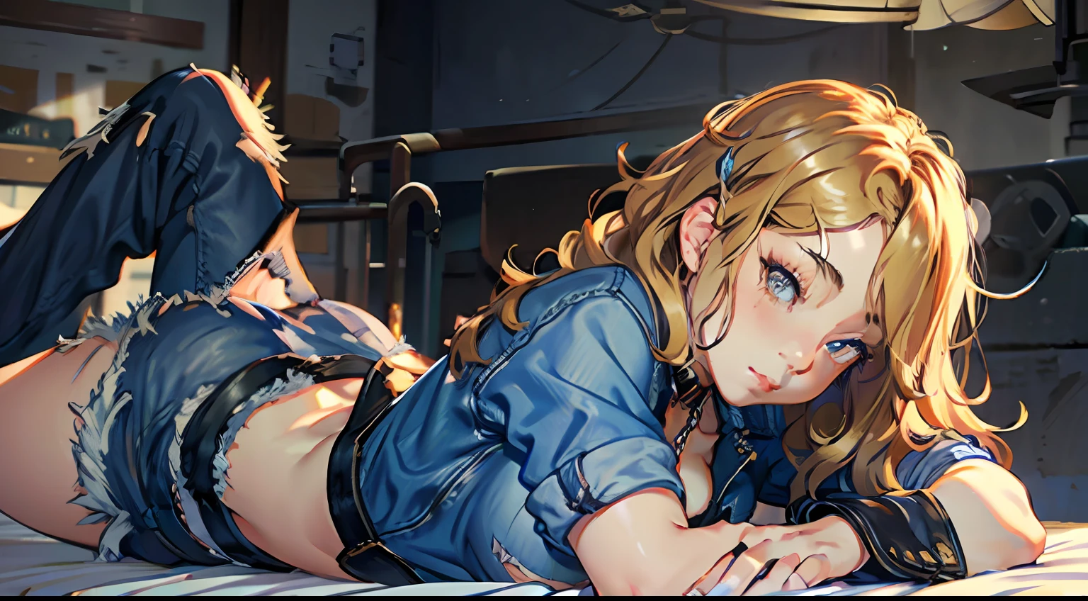 ((large breast, tomboy girls, small head)), (perfect body : 1.1), (long wavy hair : 1.2) , blonde hair, collar, chain, full body shot, wearing black tanktop, jeans jacket, ((denim shorts)), (extremely detailed CG 8k wallpaper), (an extremely delicate and beautiful), (masterpiece), (best quality:1.0), (ultra highres:1.0), jackopose, top-down, on bed