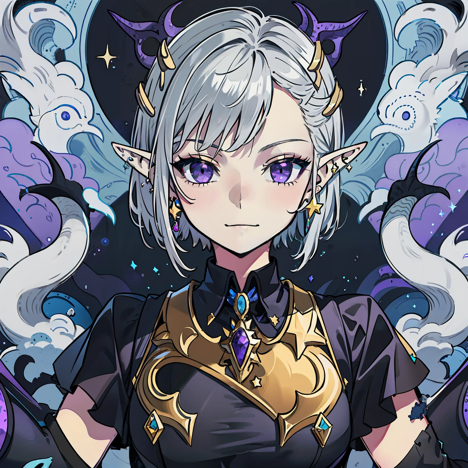 Girl with short silver hair, golden highlights in purple eyes, star stud earrings, elf ears, no headdress, black skirt, Cthulhu, dangerous, not smiling