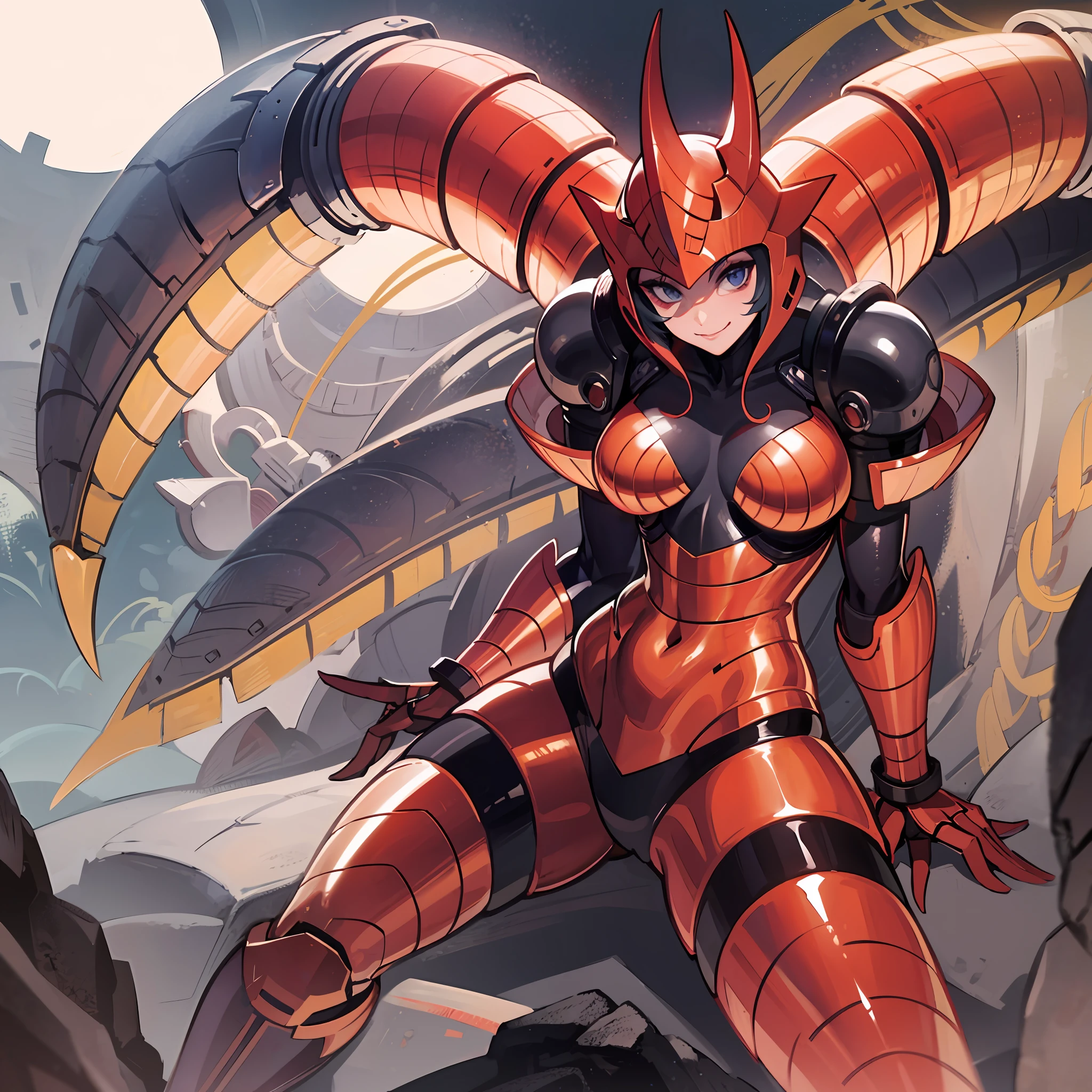 Hot insect crustacean woman, Guyver style, evil smile, scaraber reploid, bellows tail, cel shade adult animation, alien queen,