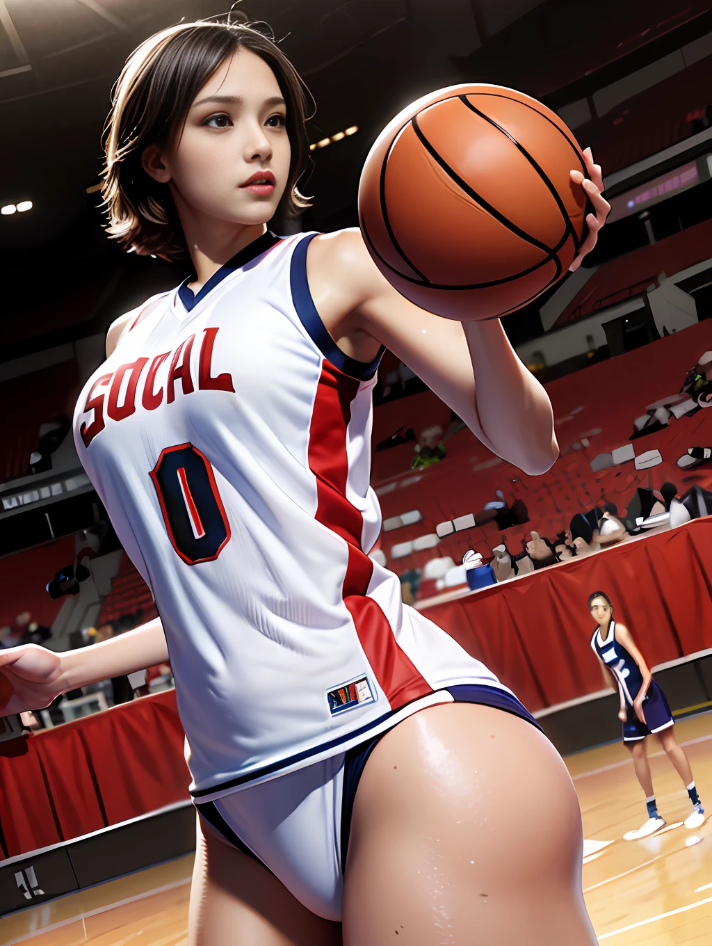 masterpiece,super detailed realistic illustration,1beatiful girl,basketball uniform,large breasts,narrow waist,detailed eyes,shiny skins,wet skins sweat,dynamic pose,basketball venue,dramatic,light,