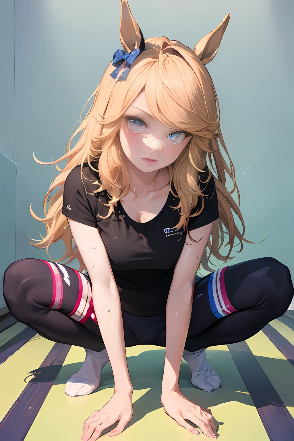 ((Masterpiece)), (Illustration), (((highest quality)), iridescent,
((Beautiful detailed girl)), middle breast, (horse tail),
(delicate and pretty face), Lovestruck, (iridescent eyes),
((floating_hair)),
Gold City \(Umamusume\), minimal Yoga clothes, embarrassed, (open-minded, intimate), yoga studio, sweat leggs, all fours, intricated clothing, analogous colors, glowing shadows,