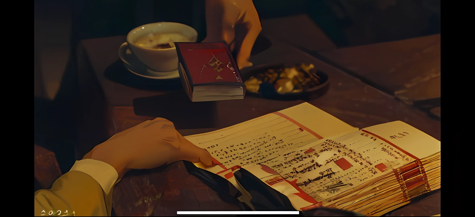 Someone writes a book on the table,With a cup of coffee, still from a live action movie, movie screencap, still frame from a movie, movie screenshots, film still dnd, movie screen shot, youtube video screenshot, from witcher (2021), opening scene, film still dnd, screenshot from morbius (2022) --auto