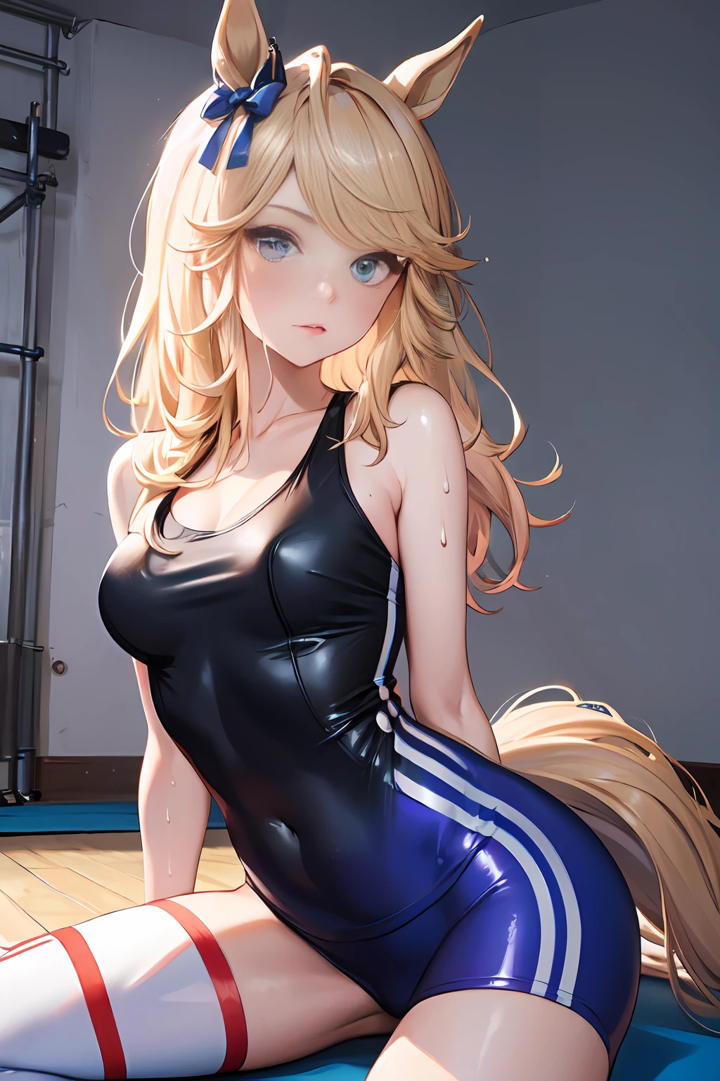 ((Masterpiece)), (Illustration), (((highest quality)), iridescent,
((Beautiful detailed girl)), middle breast, (horse tail),
(delicate and pretty face), Lovestruck, (iridescent eyes),
((floating_hair)),
Gold City \(Umamusume\), minimal Yoga clothes, embarrassed, (open-minded, intimate), yoga studio, sweat leggs, all fours, intricated clothing, analogous colors, glowing shadows,