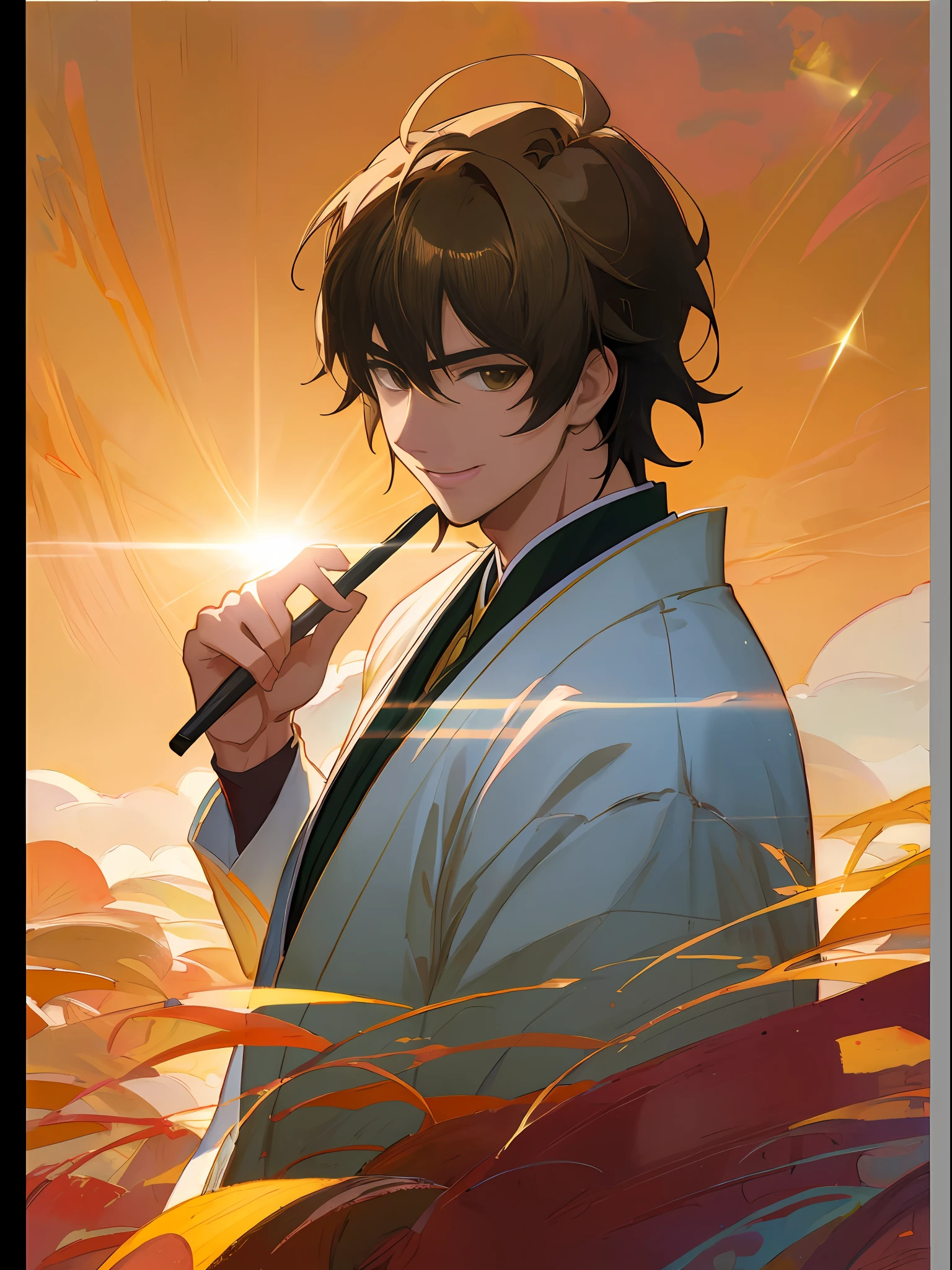 ((Top Quality, Masterpiece)), (One Dignified Man), Tokugawa Ieyasu, Jun Matsumoto, Mikata, Comic Art, Watercolor, High Quality Fan Art, Fantasy, Epic Anime Style, Detailed Fan Art, Illustrations, Family Crest, Smile, Use Backlight and Rim Light, Detailed Photo Realistic, Oil Painting, Wallpaper Pencil drawing, soft focus, strong rim lignt, intense shadows, golden hour lighting, lens flare, 8k, artgem, Canon EOS, SIGMA Art Lens 35mm F1.4, ISO 200 Shutter speed 2000