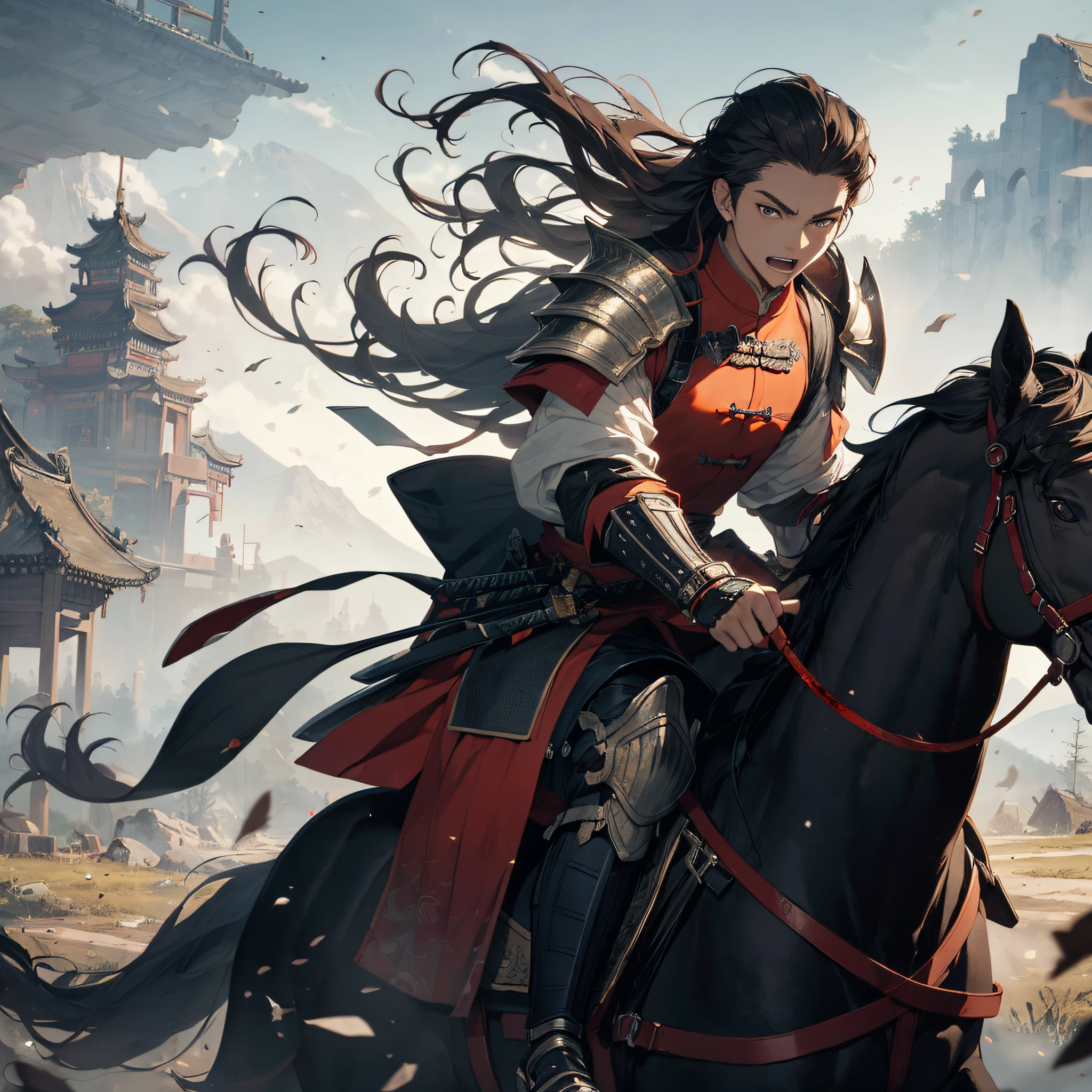 Absurd resolution, high resolution, (masterpiece: 1.4), hyper-detail, ancient China, huge mountains, black long-haired young man (1.3), riding a horse (1.3), roaring (1.2), armored samurai in red armor, wielding a sword, army, battlefield, blood, battle