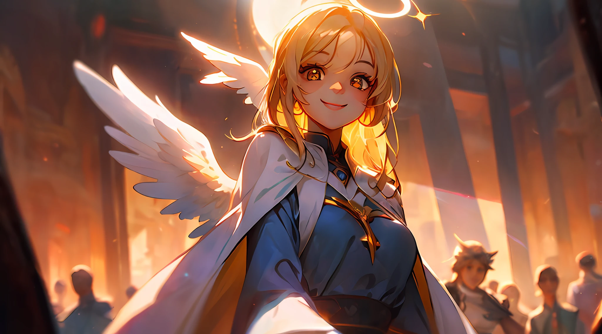 masterpiece, best quality, bright playful eyes, detailed pupils, god rays, sunbeam, smiling, big smile, 1girl, solo focus, (Angel:1.2), halo, aura, magic, Yellow Eyes, blue dress --auto