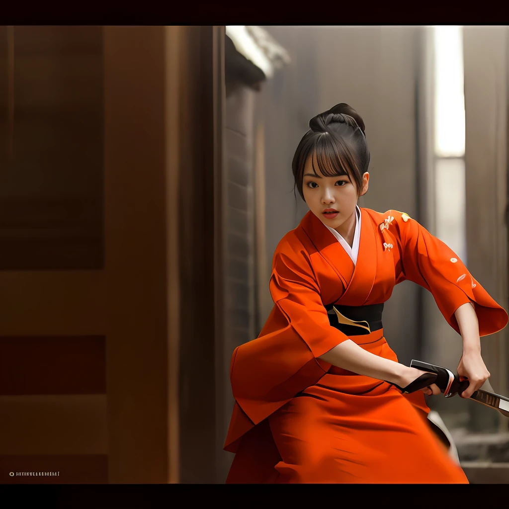 Alafed woman in kimono dress waving a sword, choreographed fight scene, battle scene, sword tied to the back, battle scene, live-action movie scene, Lee Ji-eun as a supervillain, taking off a katana dressed in orange) fight, glamorous Korean pole weapon behind her, still from the live-action movie, sword, blood, blood splash, killing between women, slashing between women, katana, hakama, kimono