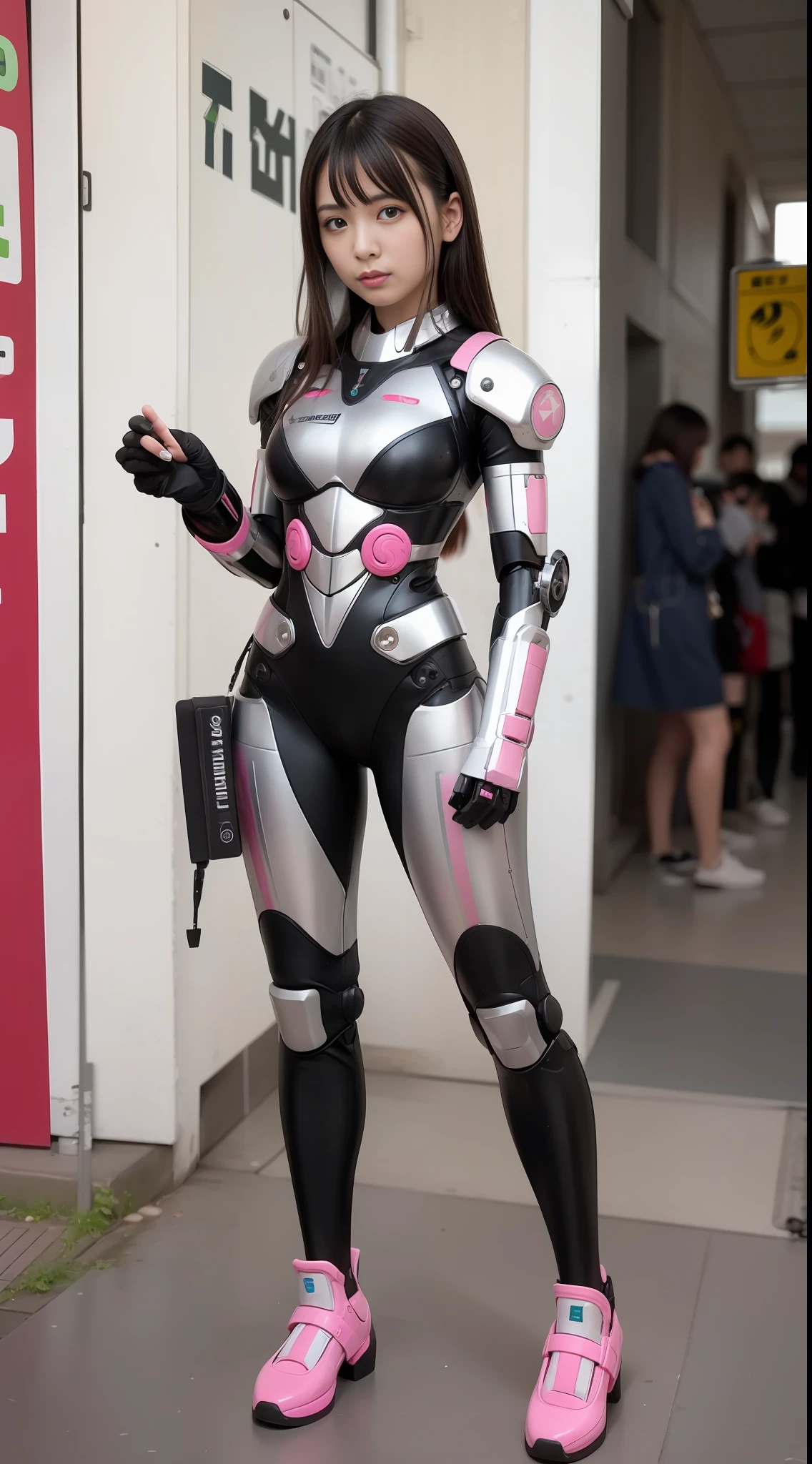 Cyborg, Pink, Silver, Metallic, Robot Parts, Metal Parts, Super Detailed Face, Super Trimmed Face, Top Quality, Small Face, Full Body, Standing, Black Hair, Thin, Camera Gaze, Internal Mecha Exposure, Idol, Live Action,, 8 Head Body, Gravure, Photo Session, Akihabara, Moe Pose, Frontal, Model Body Type, Sad, Embarrassing