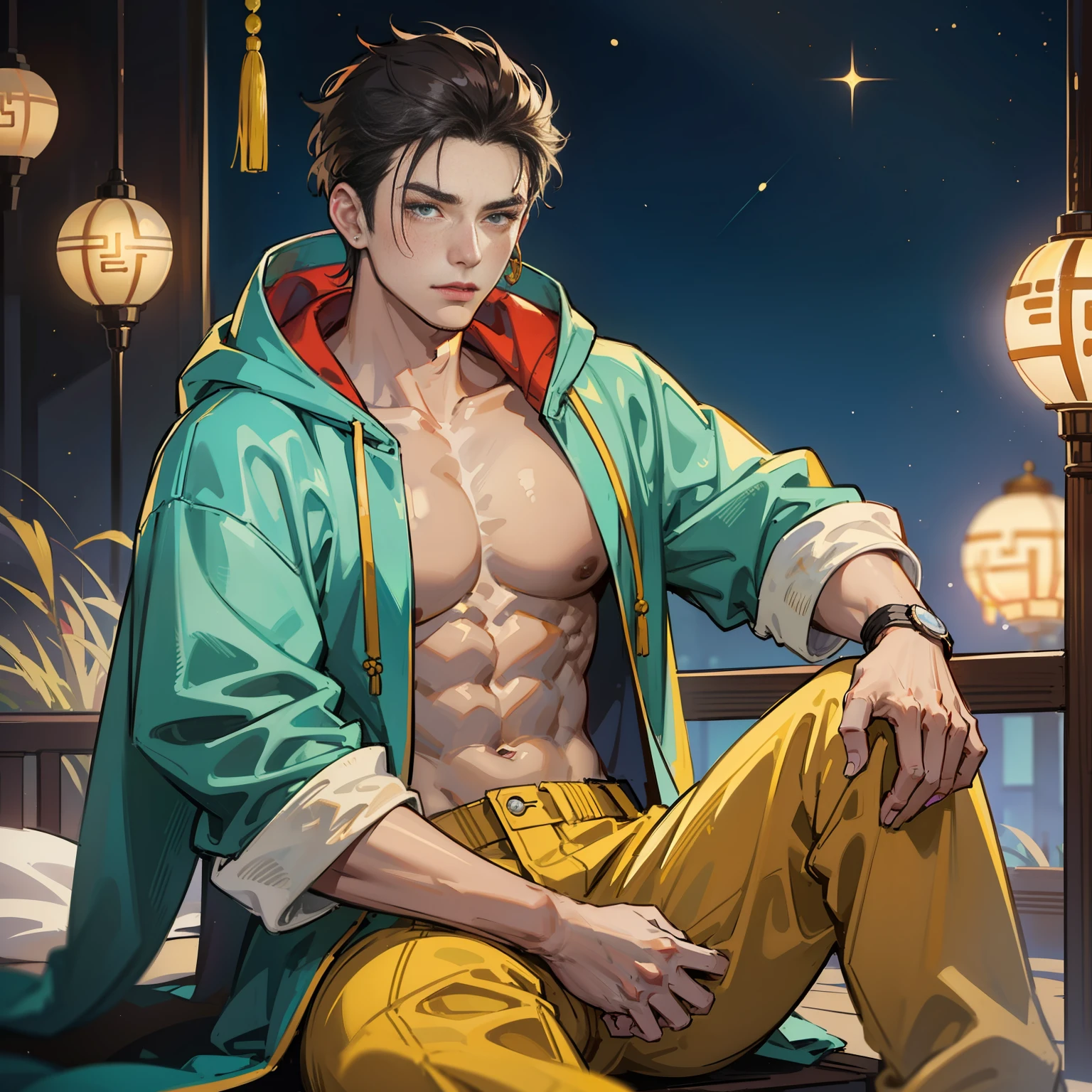 Muscular boy, masculine face, wild, masculine, valiant, handsome, rugged, hoodie with ears, modern Chinese traditional costume, fusion of ancient Chinese and modern, king of rappers, pectoral muscles, abs, cool atmosphere, sitting, solid posture, fashionista, stylish, colorful, individual, luxurious, Cantonese, singing, dancing, sky with stars shining like dreams, Book of quiet nights, starry sky blooming brightly, border between whispering dreams and confusion, Cantonese pride, yellow and blue clothes
