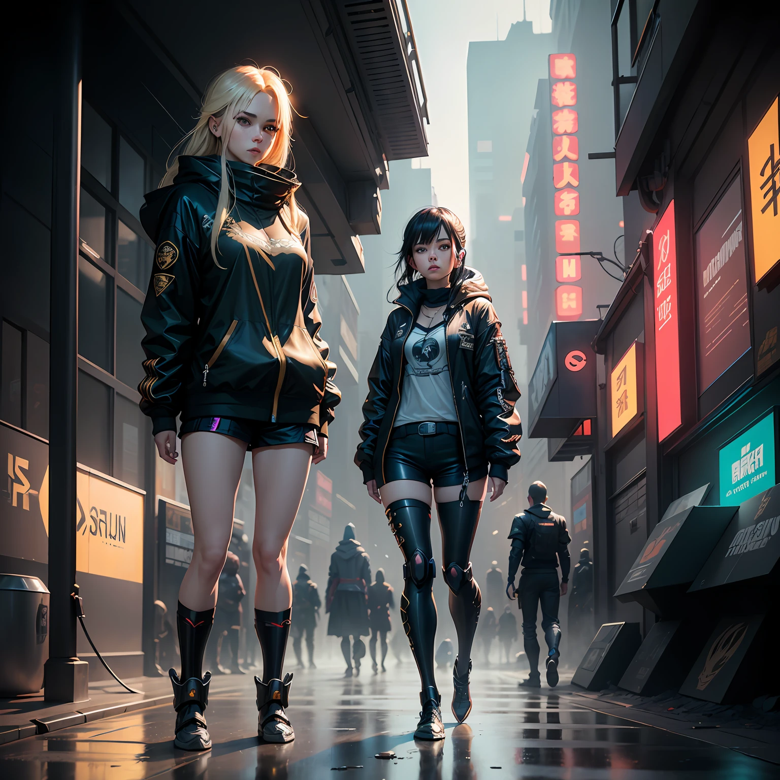 Best Quality, Realistic, Realistic, Award-Winning Illustration, (Complicated Detail: 1.2), (Fine Detail), (Complicated Detail), (Cinematic Lights, Best Quality Backlight), Crisp Lines, Crisp focus, official art, unity 8k wallpaper, absurd, unbelievably absurd, huge file size, ultra- (in_main_street:1.21), (neon lamp), fantasy art, rtx,((triangle closeup photo by award winning studio )), 1girl, very pretty, (shut up), small boobs, ((Cyberpunk city Street, Battle Maiden)), perfect hands, beautiful detailed eyes, Perfect Face, (Cyberpunk blouse, leather jacket, Martin boots) ,,(headphones_around_hair),((pleated skirt) ), ((supermodel pose)), --auto